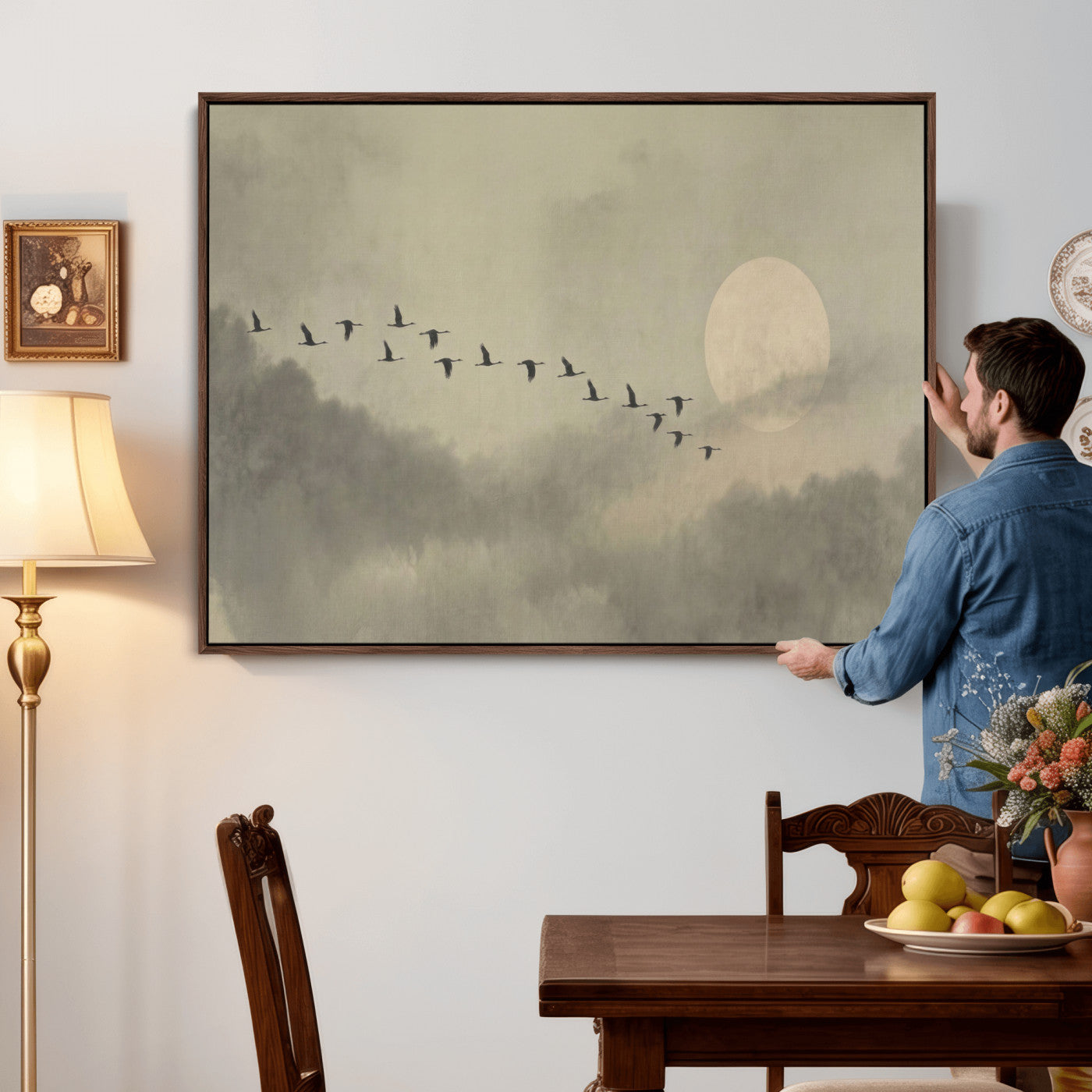 12098149-MGV-CV-36X24 - Flock of Birds Flying to Full Moon Wall Art Canvas Print - Vintage Surreal Clouds Painting