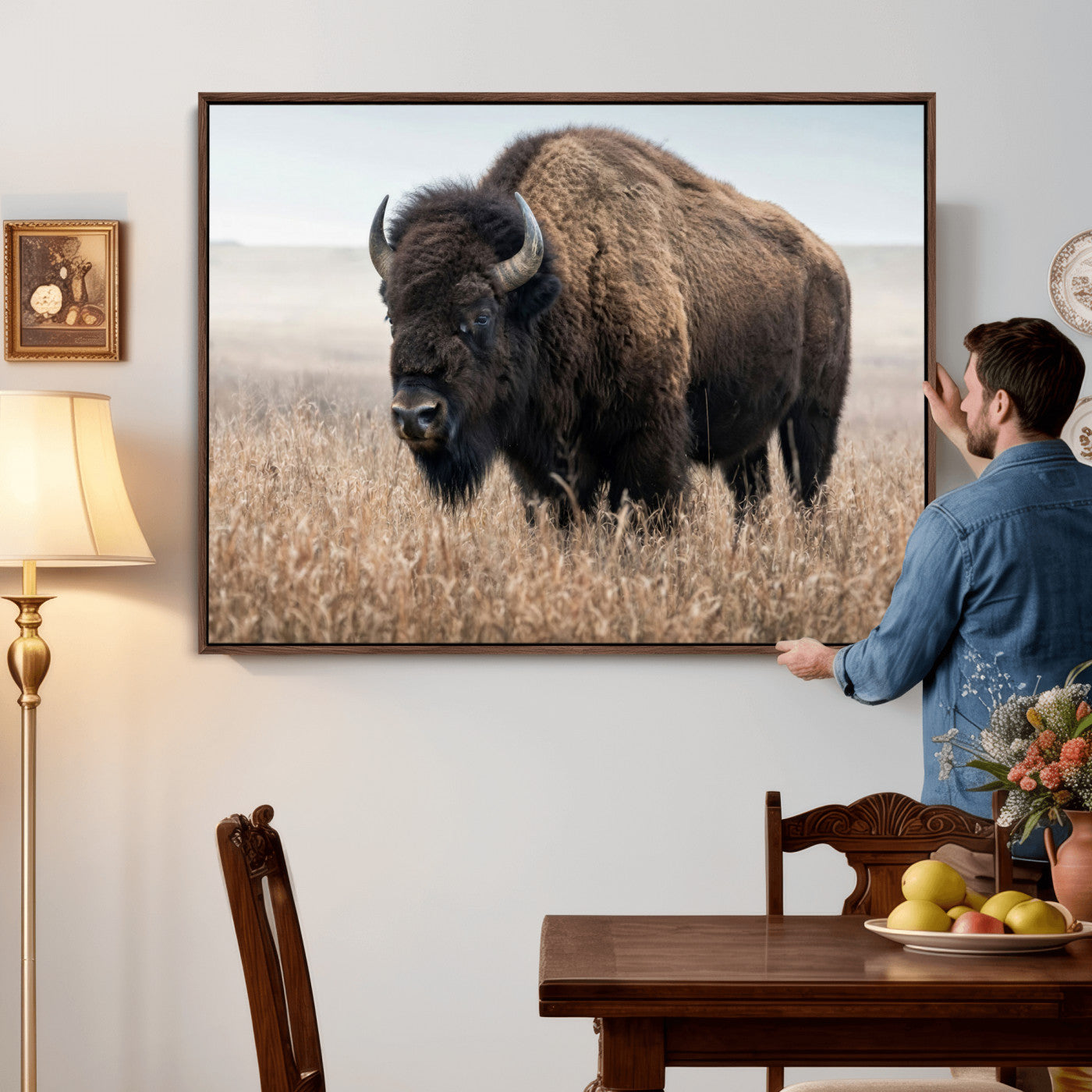 81029583-MGV-CV-36X24 - American Bison in Prairie Field Wall Art Canvas Print - Rustic Wildlife Photography