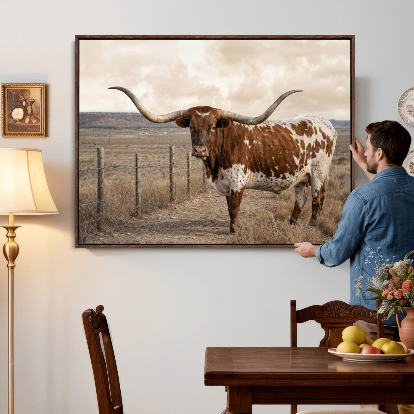 22808364-MGV-CV-36X24 - Texas Longhorn Cattle in Desert Pasture Wall Art Canvas Print - Rustic Western Decor