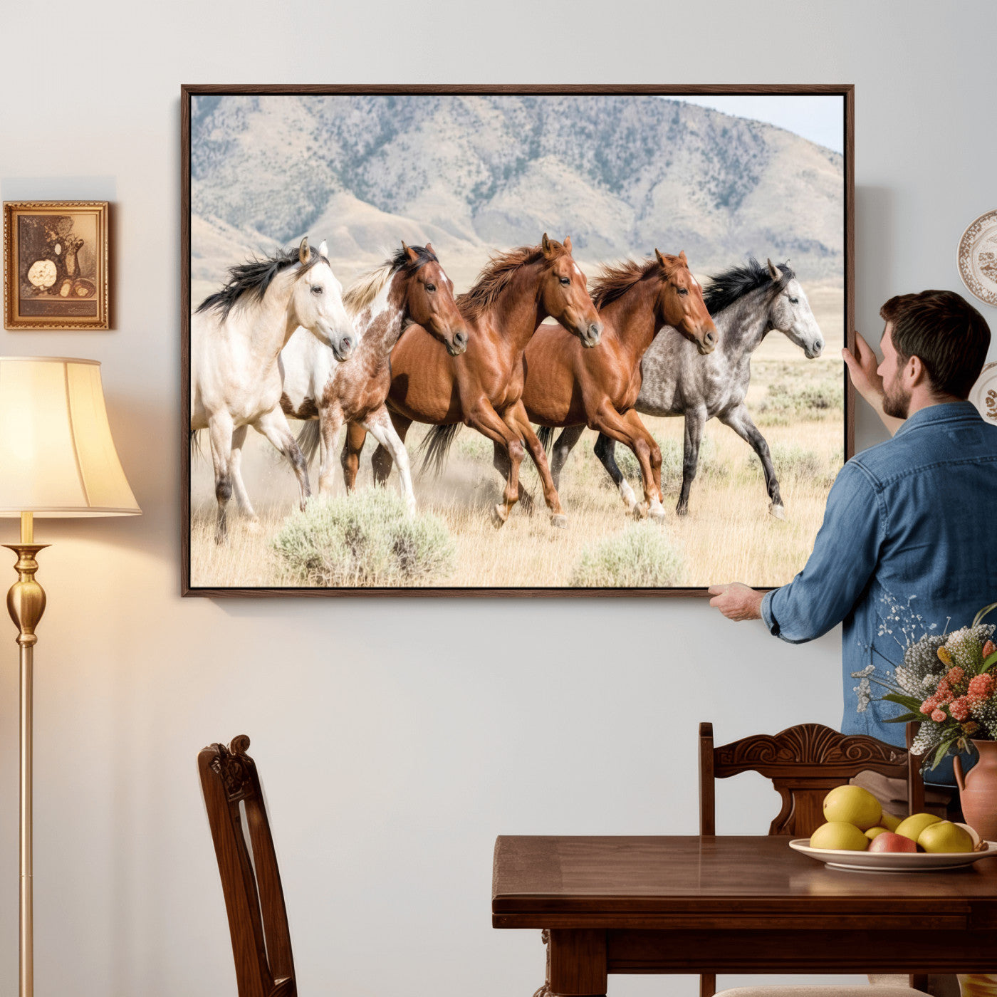 68345893-MGV-CV-36X24 - Five Mustangs Running Wild in Mountain Valley Wall Art Canvas Print - Rustic Western Decor