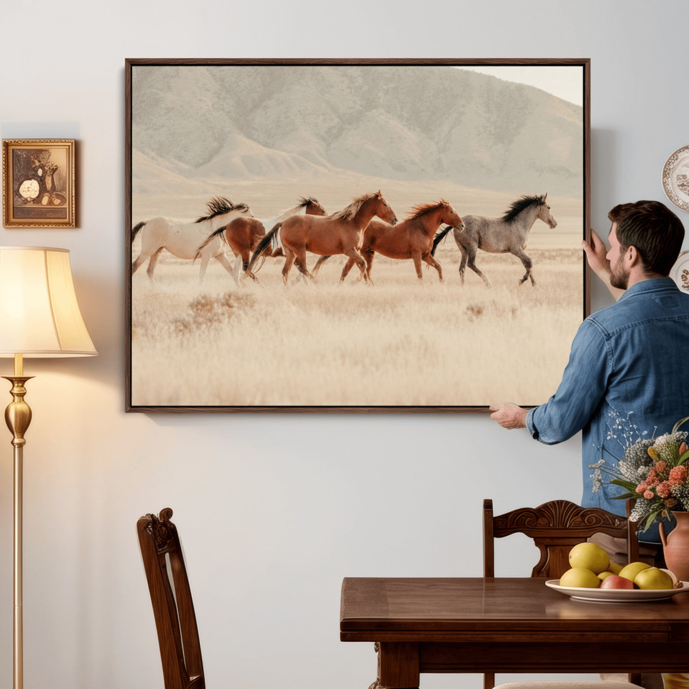43348446-MGV-CV-36X24 - Herd of Wild Horses Running in Desert Mountain Wall Art Canvas Print - Boho Western Landscape