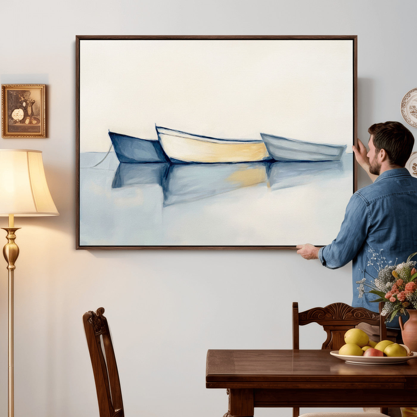 84017361-MGV-CV-36X24 - Abstract Three Boats Reflecting on Water Wall Art Canvas Print - Minimalist Coastal Seascape