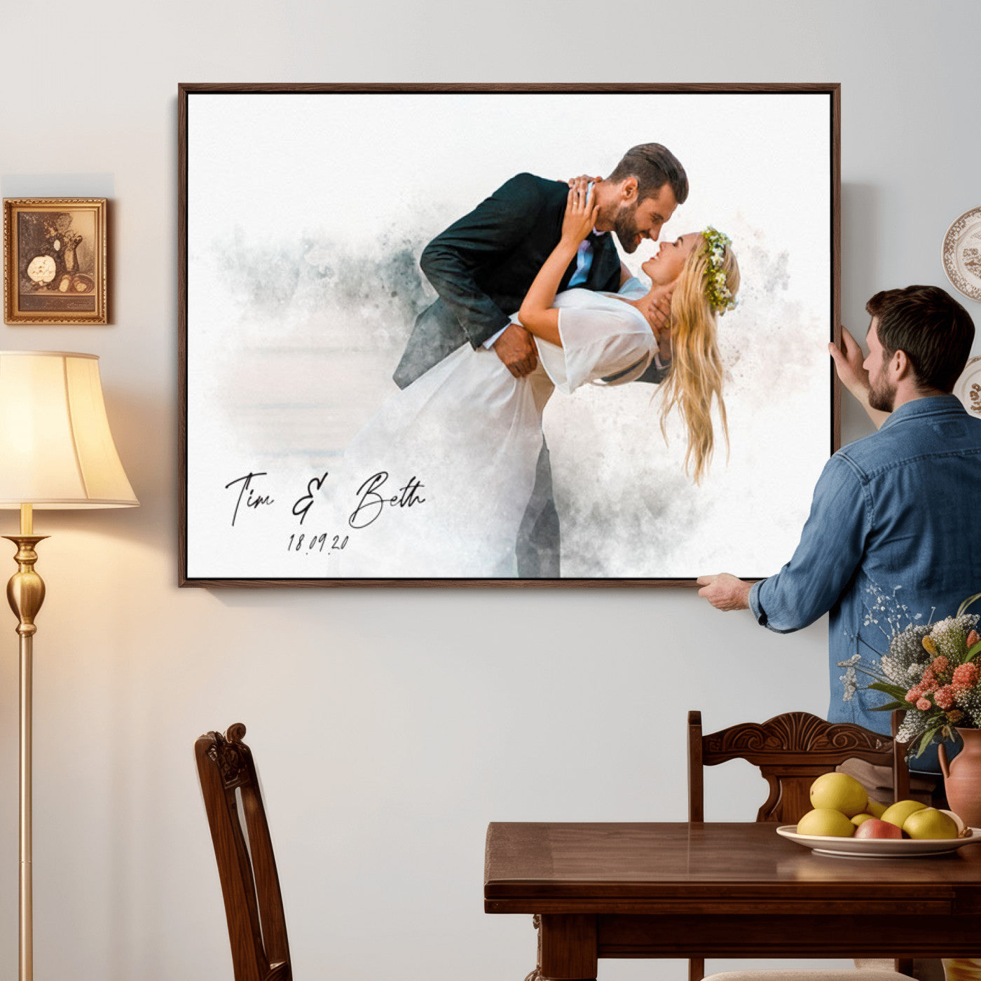 39726003-MGV-CV-36X24 - Watercolor Couple Portrait from Photo, Custom Wedding Anniversary Gift for Wife Husband Parents, Engagement Gift for Friend