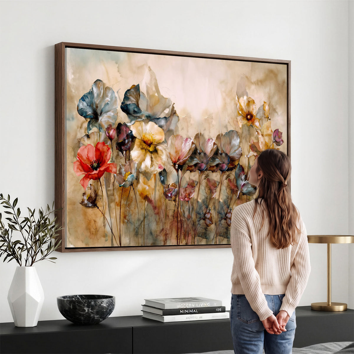 11407233-MGV-CV-36X24 - Vintage Dried Floral Meadow Wall Art Canvas Print, Translucent Watercolor Flowers Painting Print