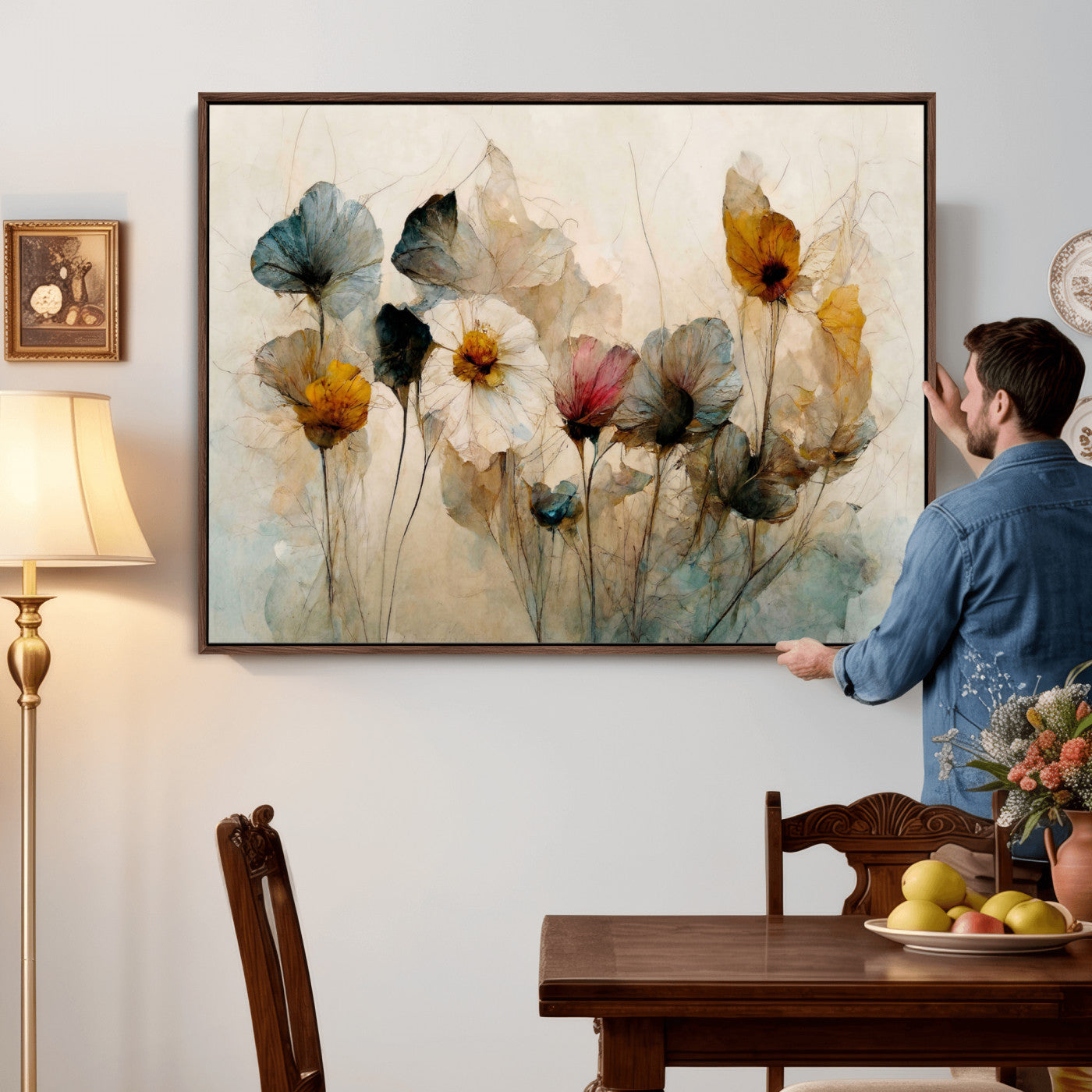 86802229-MGV-CV-36X24 - Vintage Dried Floral Meadow Wall Art Canvas Print, Translucent Watercolor Flowers Painting Print
