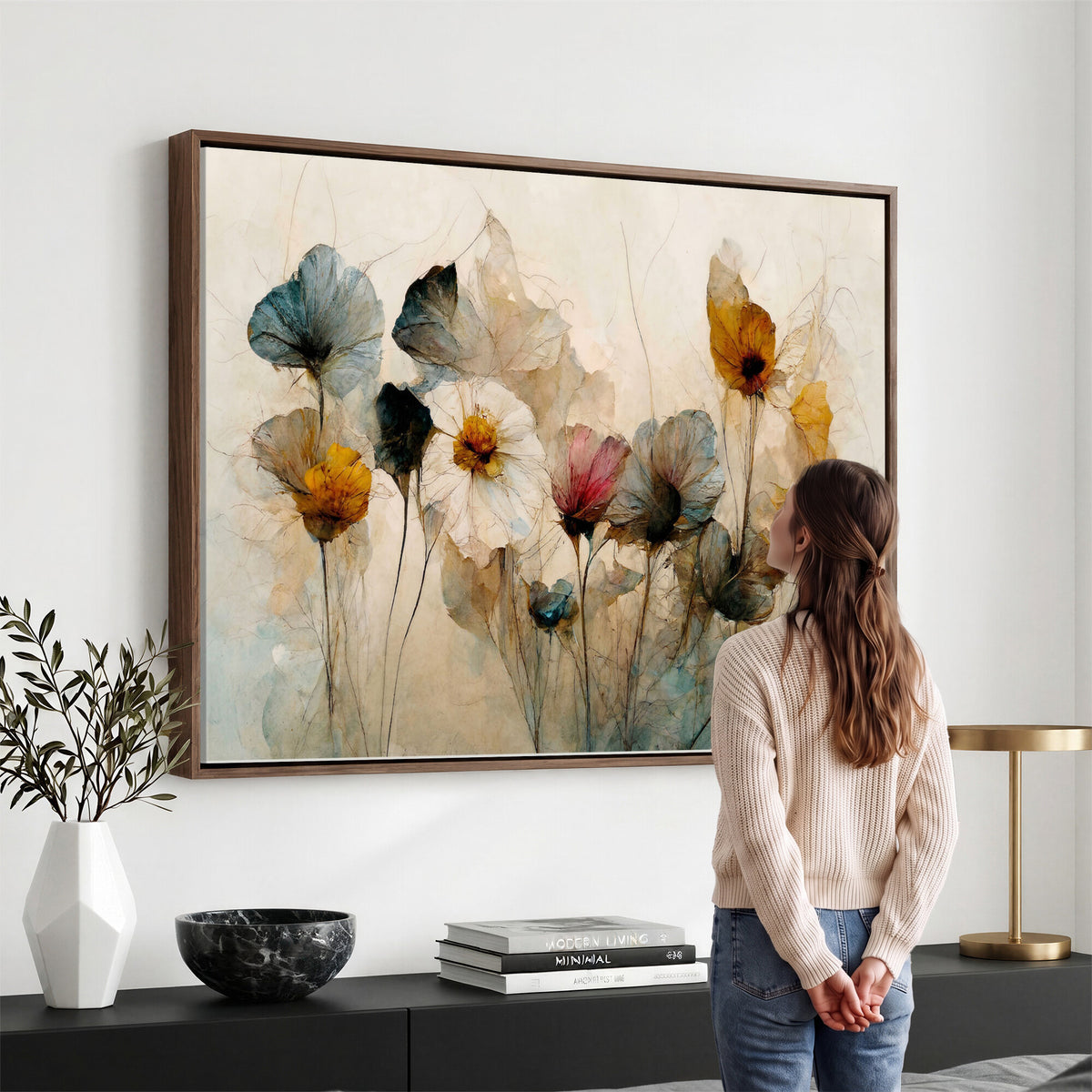 86802229-MGV-CV-36X24 - Vintage Dried Floral Meadow Wall Art Canvas Print, Translucent Watercolor Flowers Painting Print
