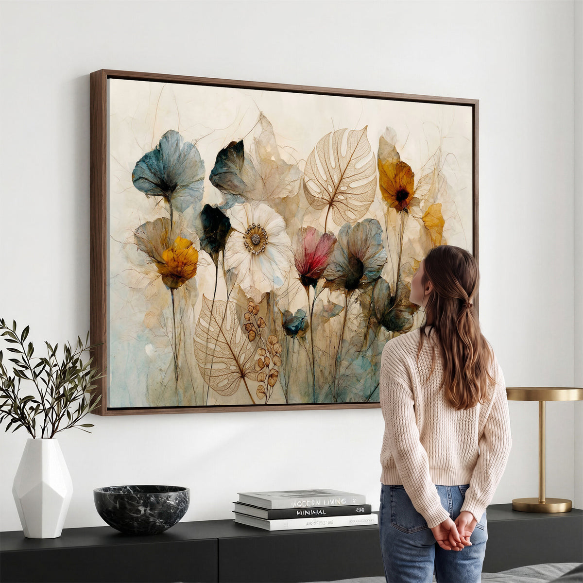 93171612-MGV-CV-36X24 - Vintage Dried Floral Meadow Wall Art Canvas Print, Translucent Watercolor Flowers Painting Print
