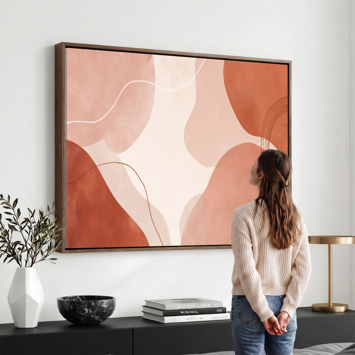 17685421-MGV-CV-36X24 - Abstract Boho Terracotta Wall Art Canvas Print, Mid Century Minimalist Painting Print