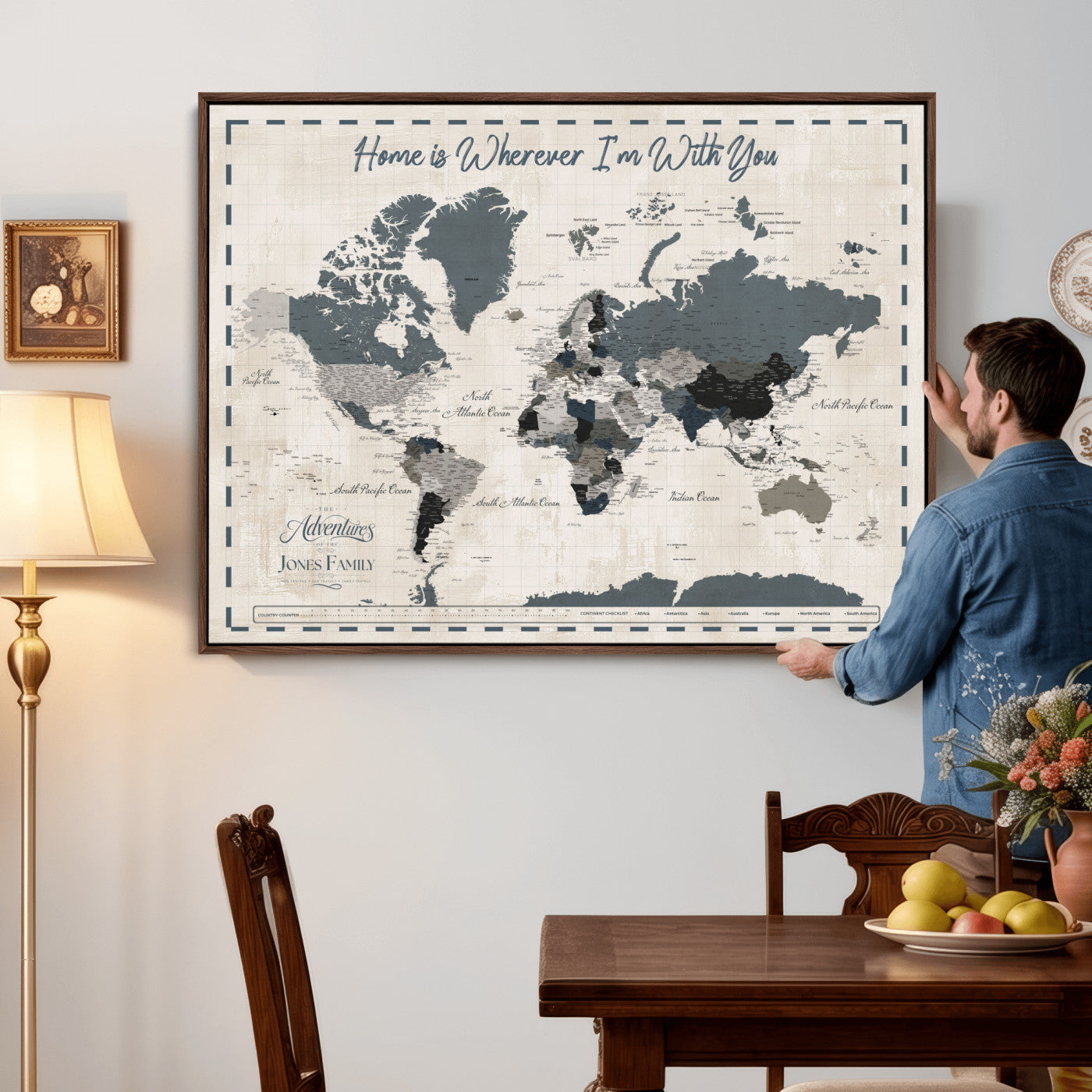 400867164-MGV-CV-36X24 - Framed Blue Custom Push Pin World Map Canvas Print – Personalized Travel Map Wall Art