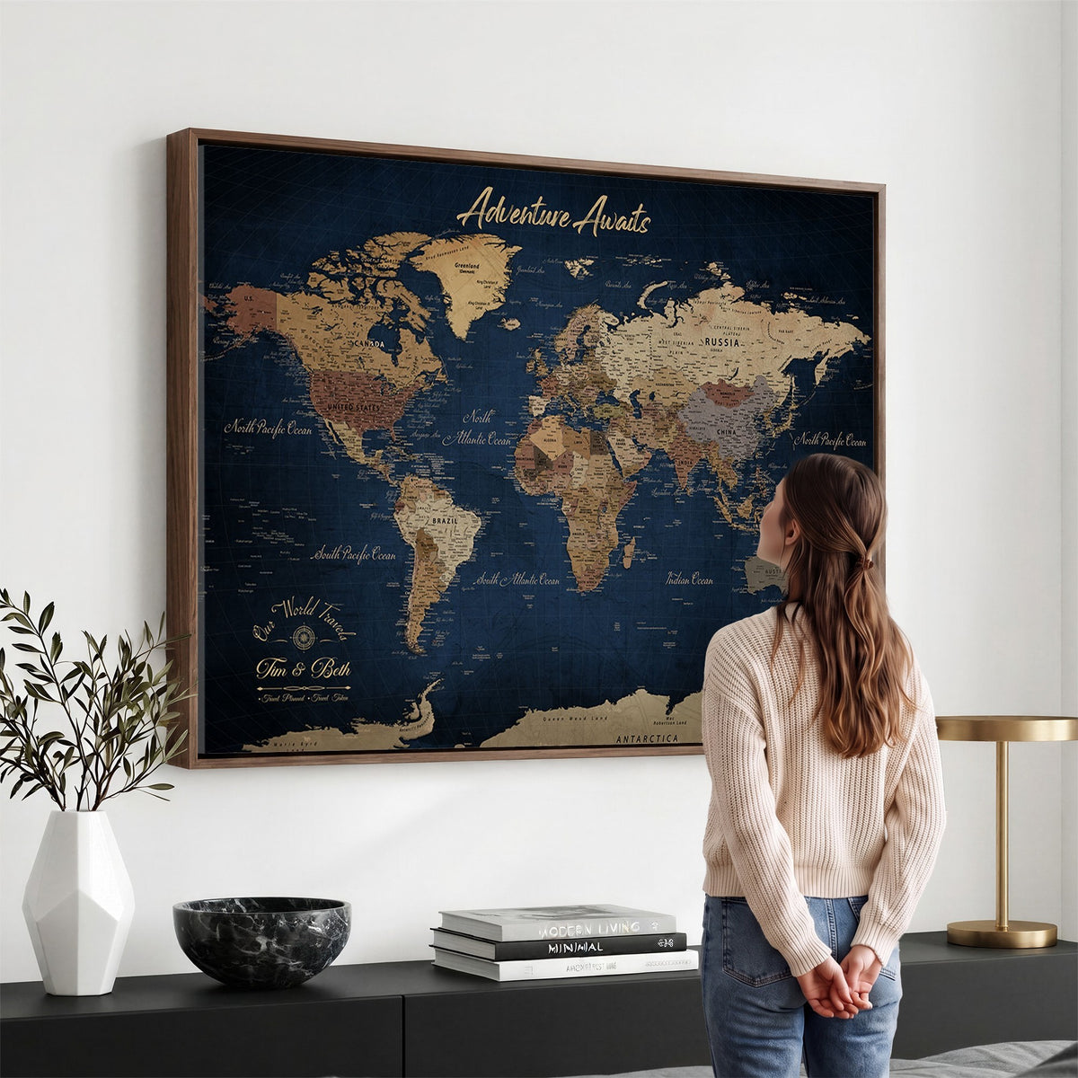 74477969-MGV-CV-36X24 - Custom Push Pin Travel Map Canvas Print, Family Travel Tracker, Study and Entryway Decor