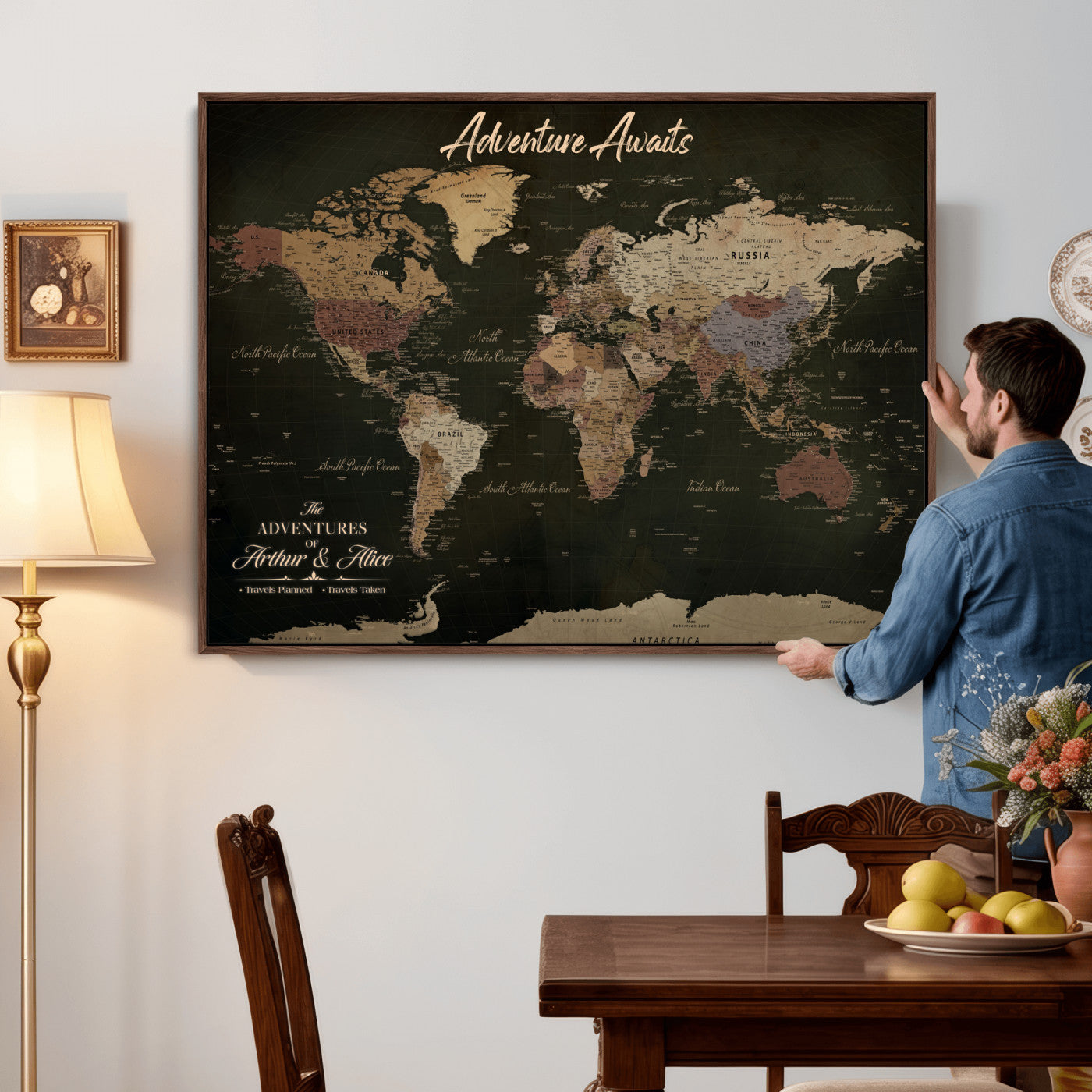 46935759-MGV-CV-36X24 - Custom Push Pin World Map Canvas | Personalized Travel Tracker | Wedding Anniversary Gift for Couples | Adventure Map Wall Art with Pins