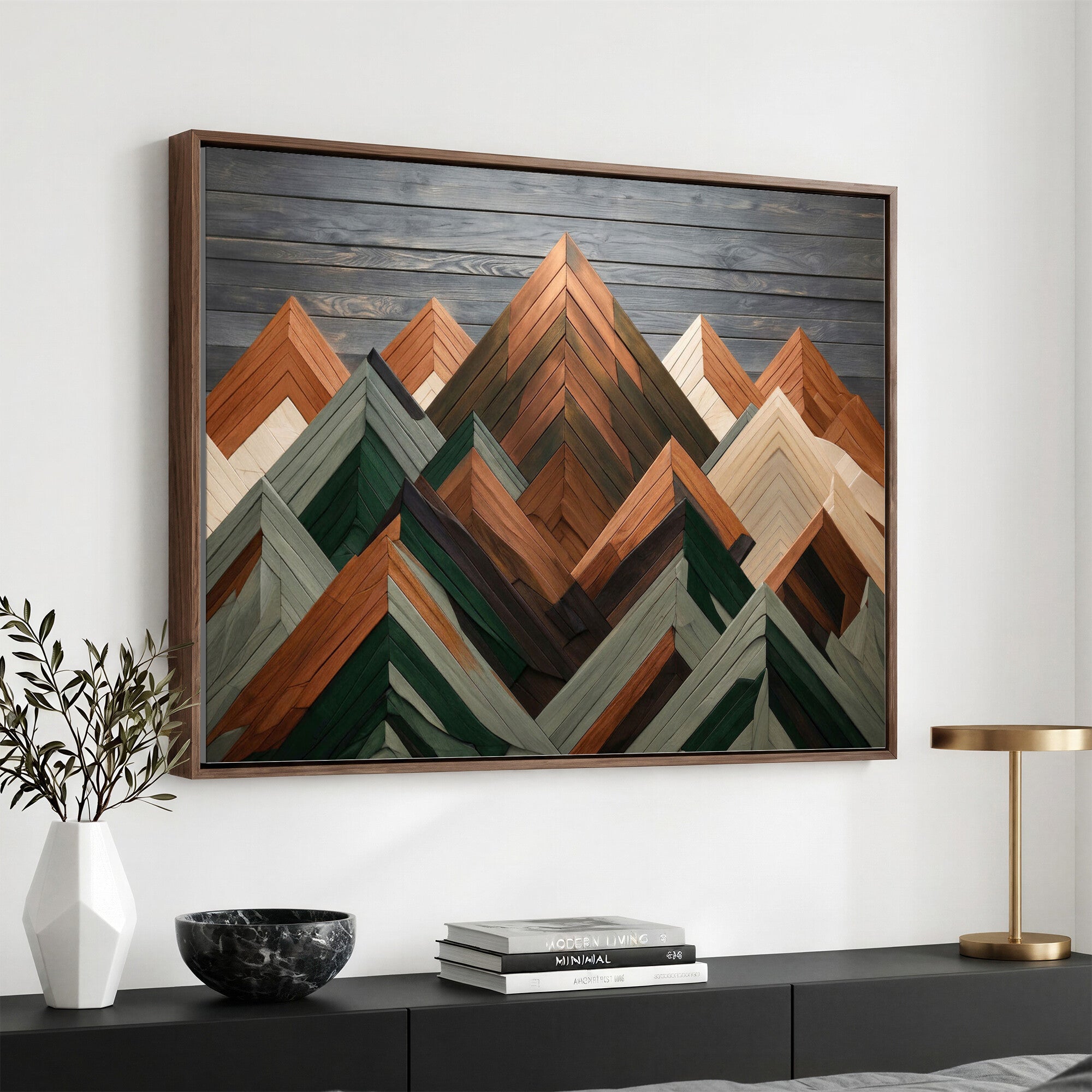 84617347-MGV-CV-36X24 - Geometric Wood Mountain Wall Art Canvas Print, 3D Look Rustic Mosaic Landscape Print