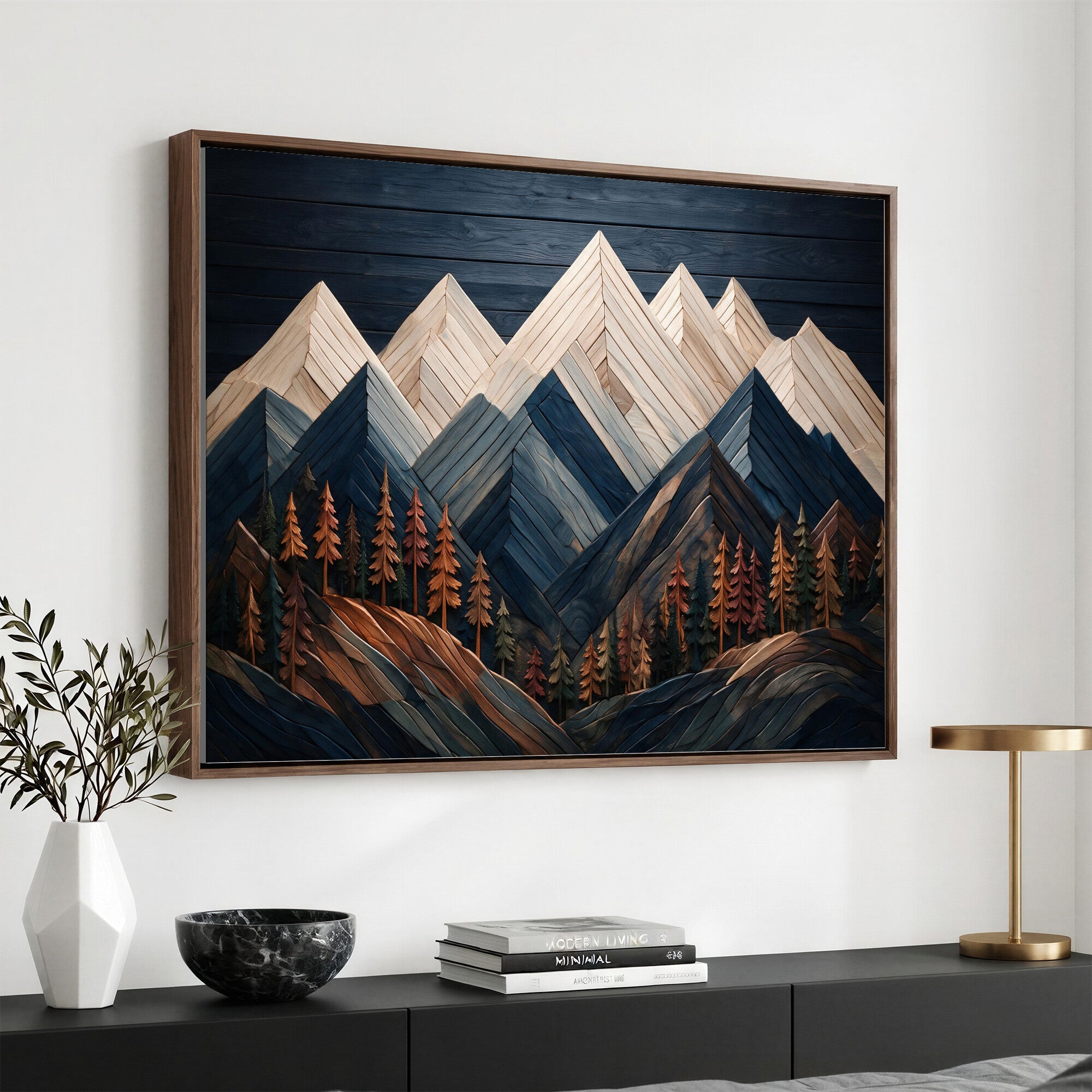 87765072-MGV-CV-36X24 - Geometric Wood Mountain Wall Art Canvas Print, 3D Look Rustic Mosaic Landscape Print