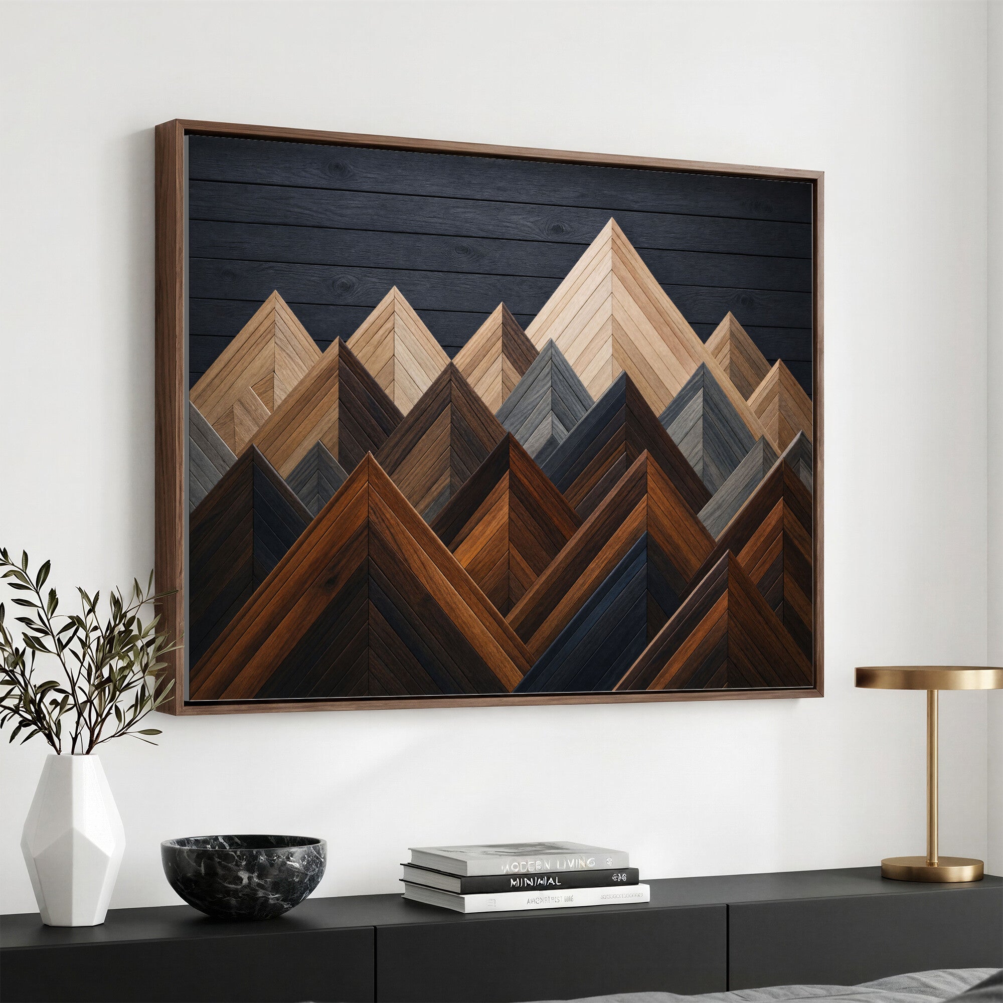 70531117-MGV-CV-36X24 - Geometric Wood Mountain Wall Art Canvas Print, 3D Look Rustic Mosaic Landscape Print