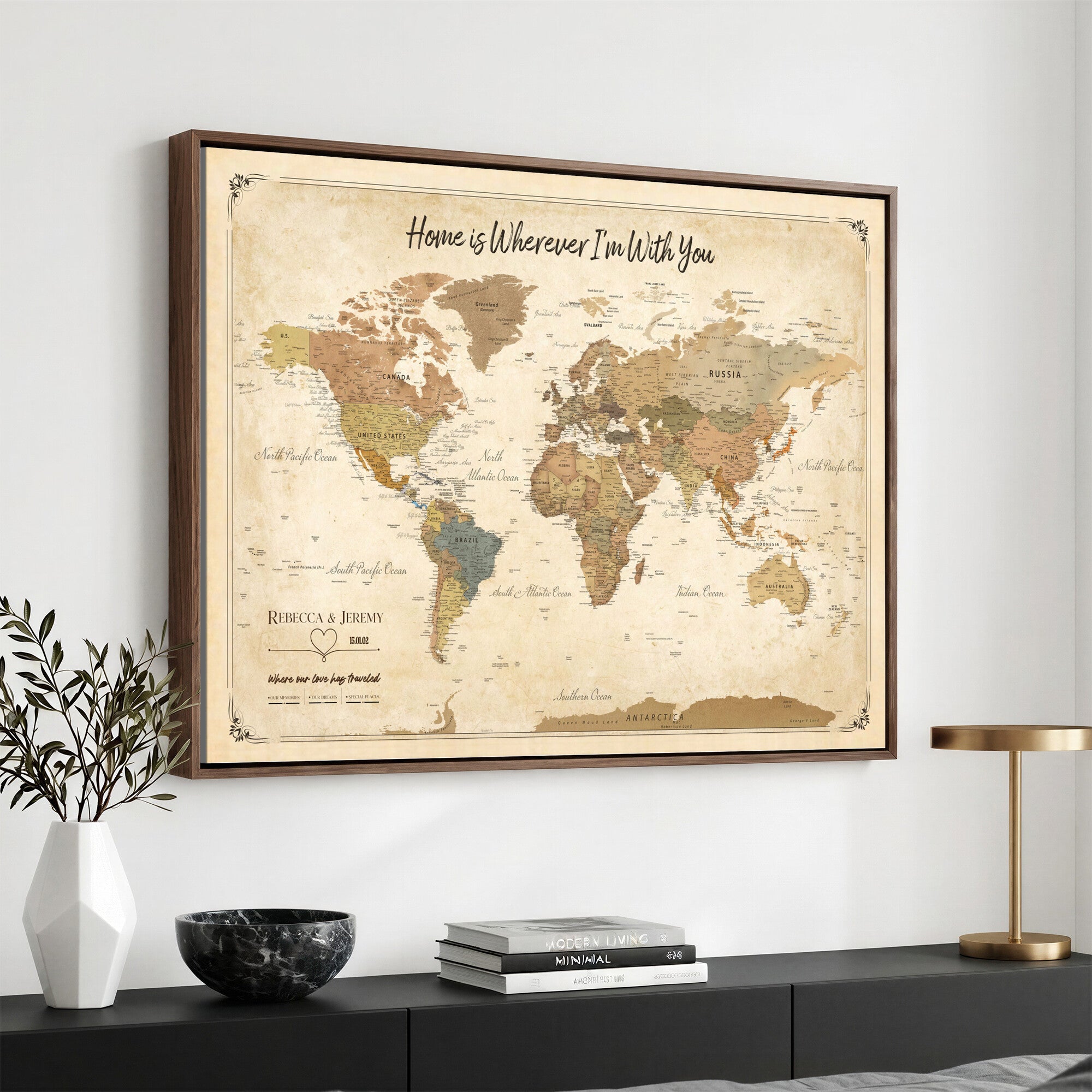 40086165SP-MGV-CV-36X24 - Custom Push Pin Travel Map Canvas Print, Cream Personalized Travel Tracker Map, Anniversary Gift, Vintage World Map Wall Art