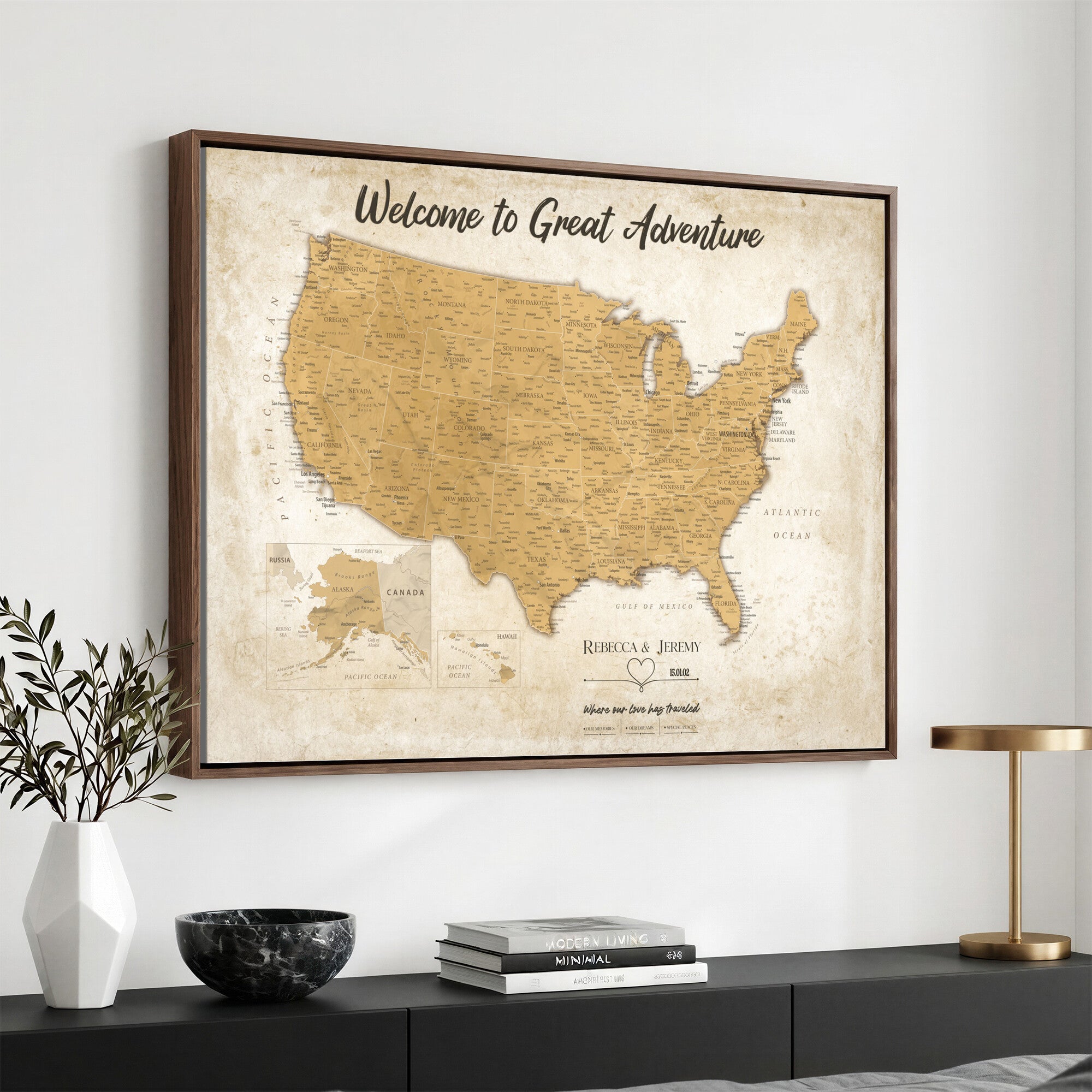 81437082-MGV-CV-36X24 - Custom Push Pin Travel USA Map Canvas Print, Cream Personalized Travel Tracker America Map, Anniversary Traveler Gift
