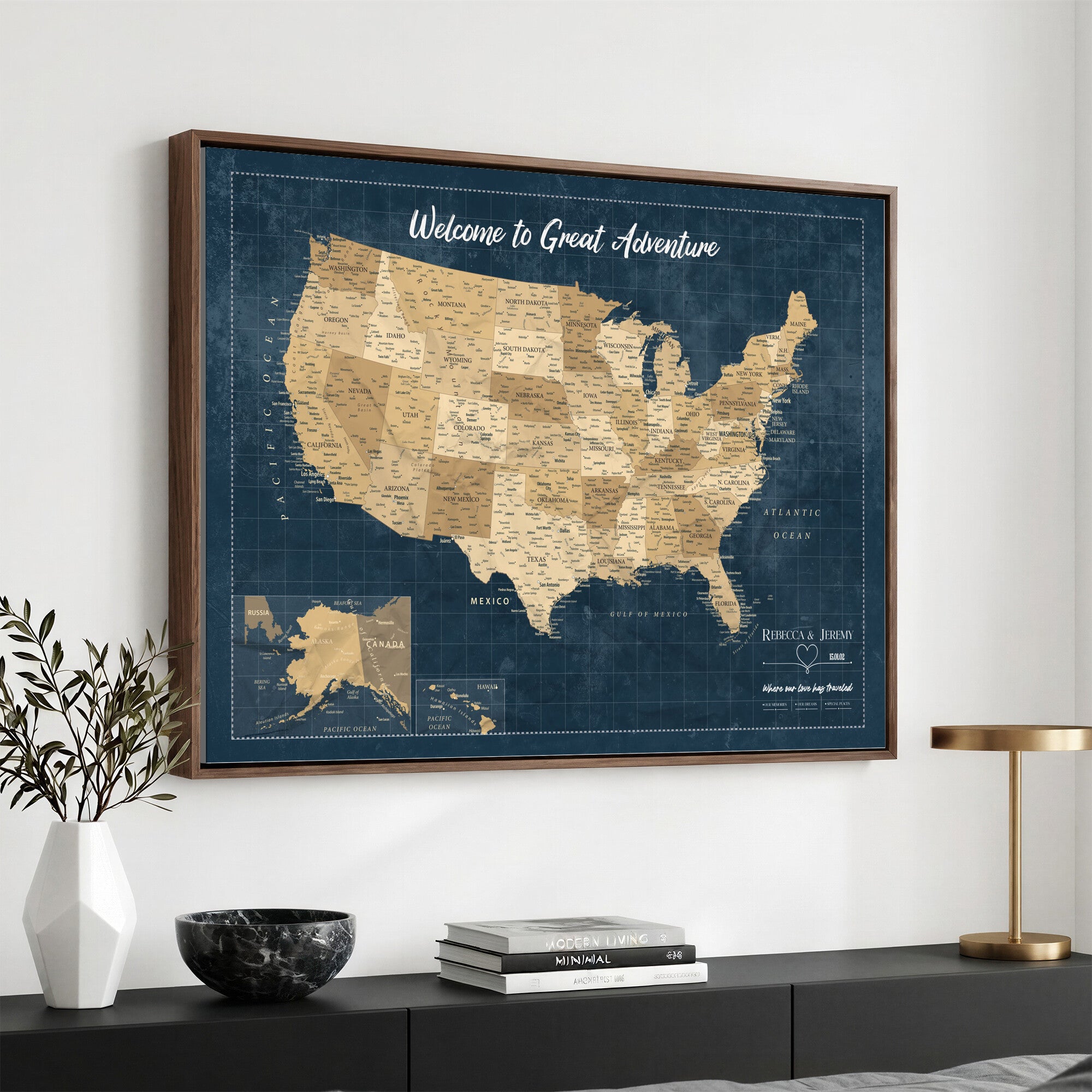 58851035-MGV-CV-36X24 - Custom Push Pin Travel USA Map Canvas Print, Cream Personalized Travel Tracker America Map, Anniversary Traveler Gift