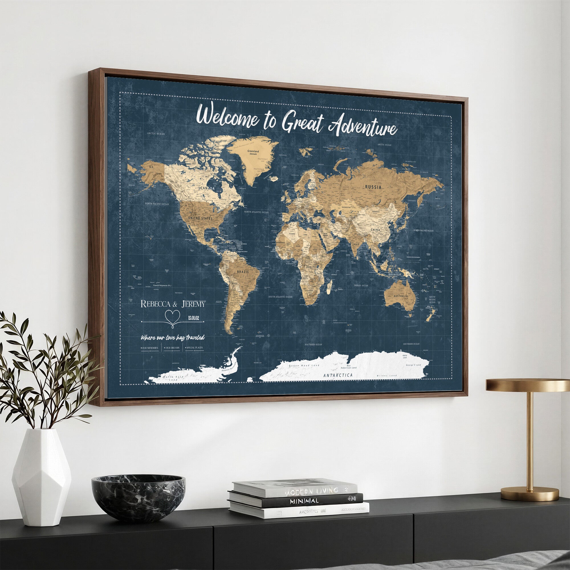 57167164-MGV-CV-36X24 - Custom Push Pin Travel Map Canvas Print, Cream Personalized Travel Tracker Map, Anniversary Gift, Vintage World Map Wall Art