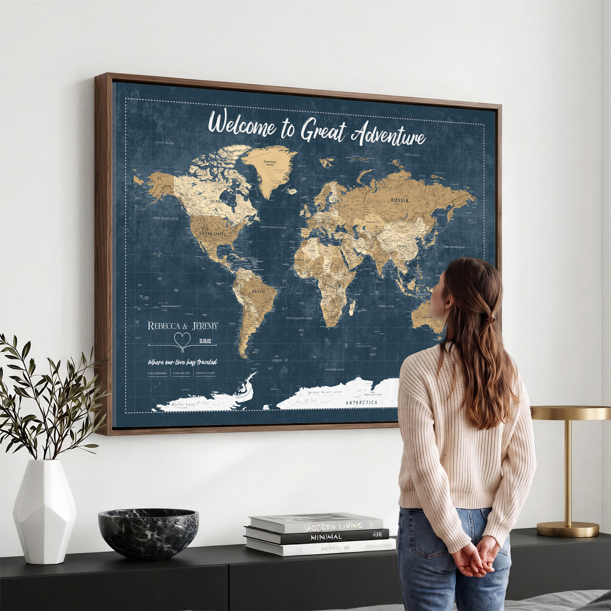 57167164-MGV-CV-36X24 - Custom Push Pin Travel Map Canvas Print, Cream Personalized Travel Tracker Map, Anniversary Gift, Vintage World Map Wall Art