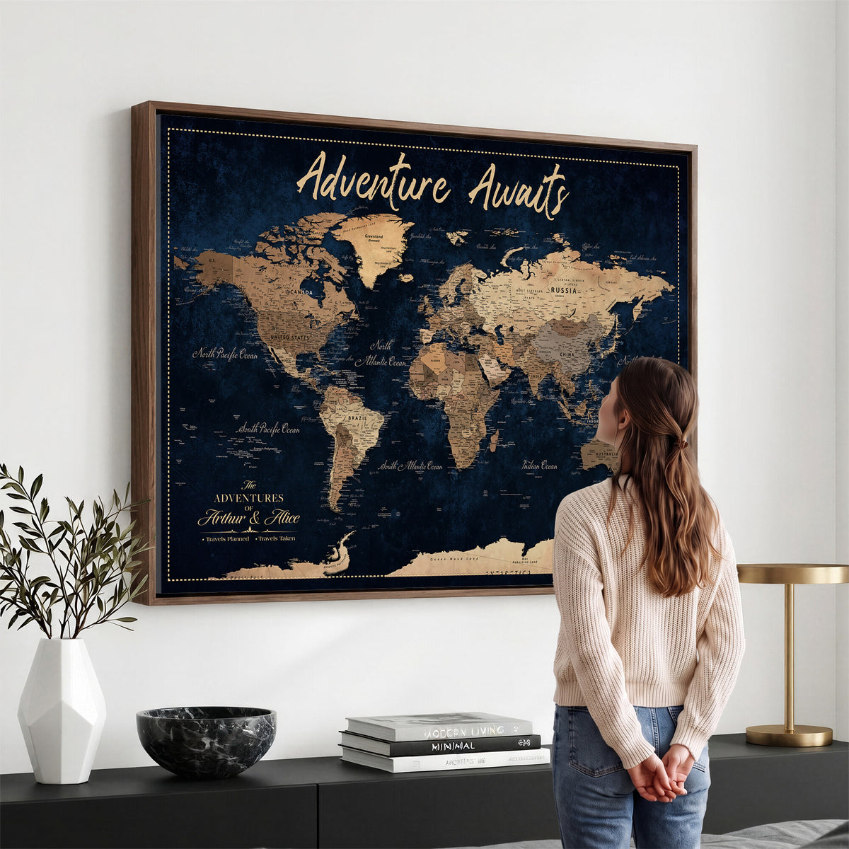 57167164-MGV-CV-36X24 - Custom Push Pin Travel Map Canvas Print, Navy Blue Personalized Travel Tracker Map, Anniversary Gift, Vintage World Map Wall Art