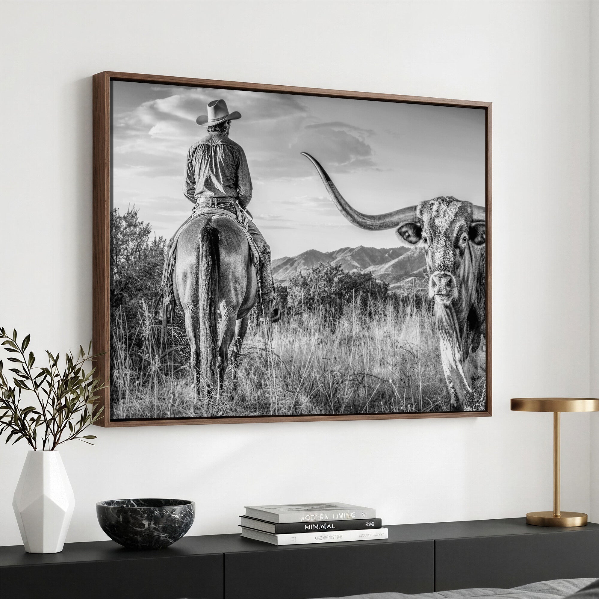 62076449WB-MGV-CV-36X24 - Texas Cowboy and Longhorn Bull Print for Western Wall Art Decor for Farmhouse