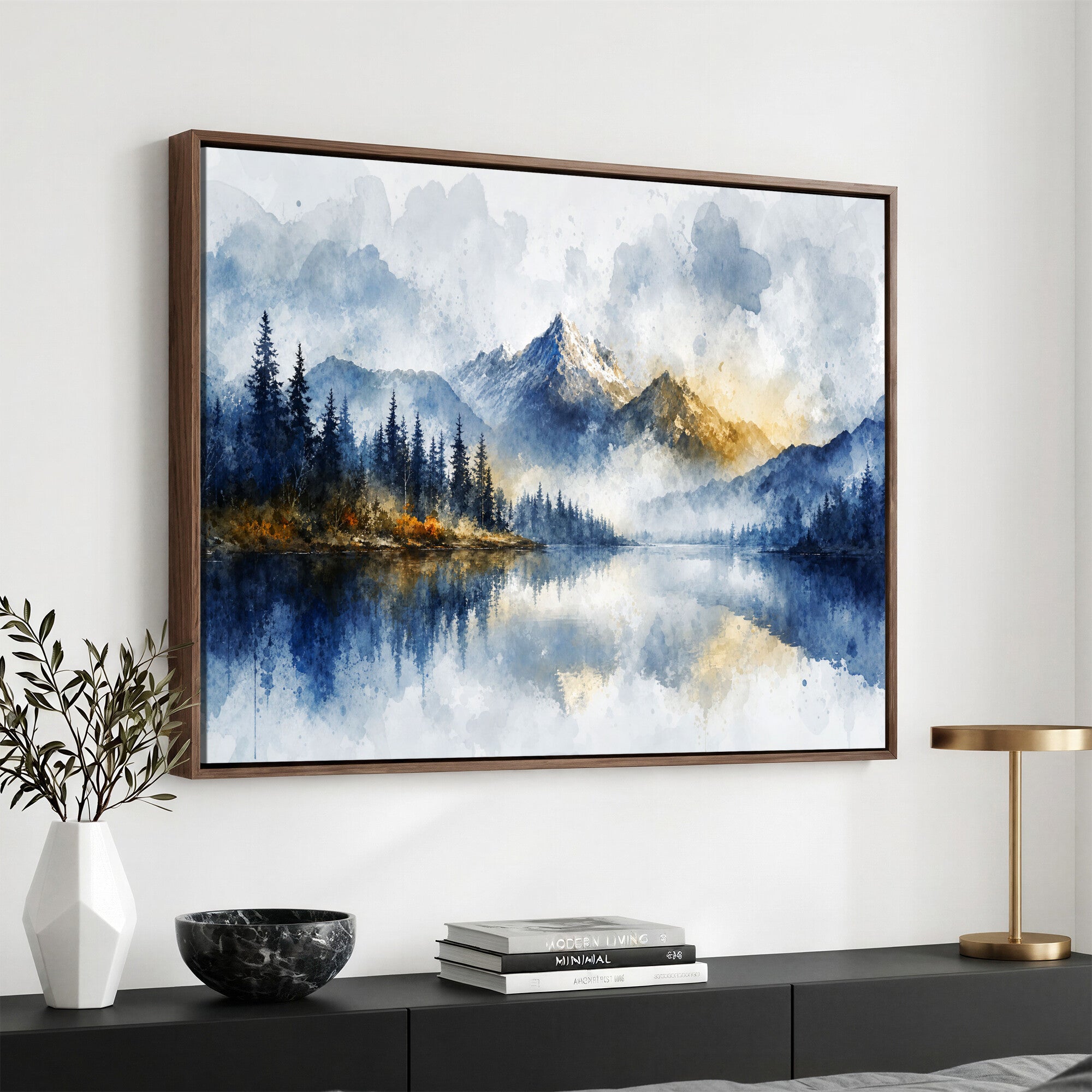 62076449DG-MGV-CV-36X24 - Abstract Watercolor Mountain Lake Wall Art Print for Living Room Decor