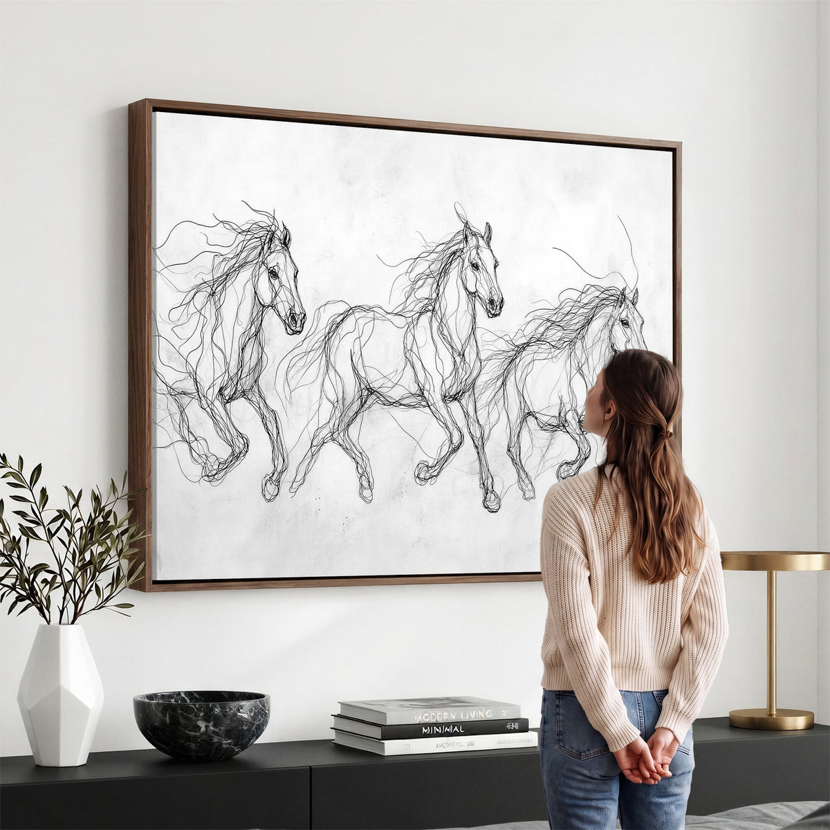 53600119-MGV-CV-36X24 - Monochrome Horse Canvas Wall Art, Black Ink Sketch Wild Horses Print, Minimalist Equestrian Artwork, Modern Abstract Line Decor, Urban Loft Gift