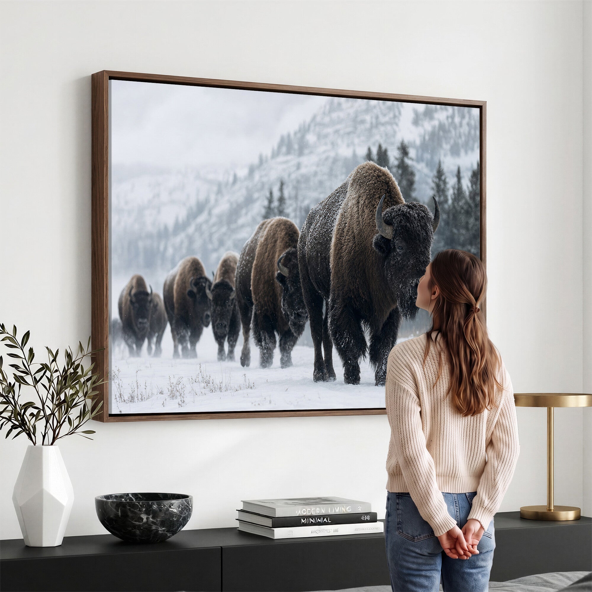 18343289-MGV-CV-36X24 - Rustic Bison Wall Art, American Buffalo Photo Print, Wildlife Canvas Artwork, Snowy Mountain Decor, Large Nature Poster, Cabin Gift Idea