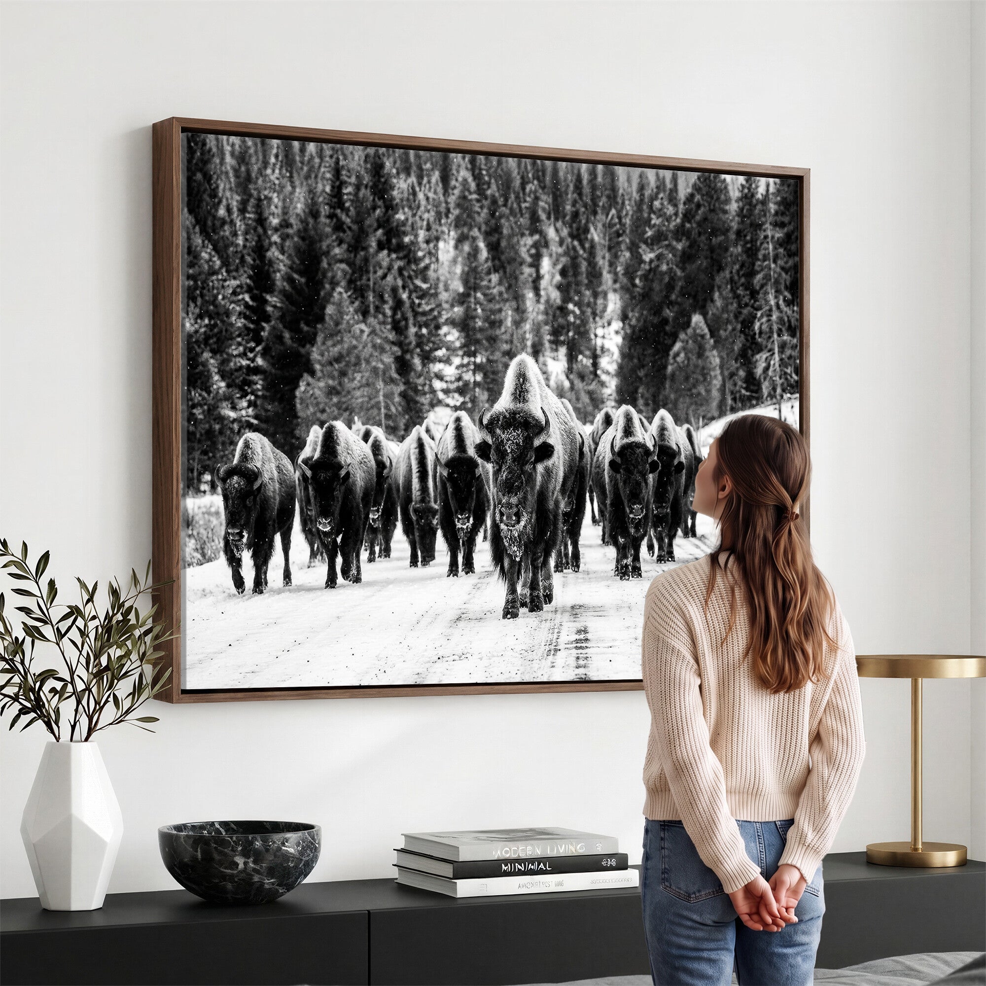 79337077-MGV-CV-36X24 - Black and White Bison Canvas Art, American Buffalo Print, Winter Wildlife Photography, Rustic Forest Wall Decor, Large Statement Nature Gift