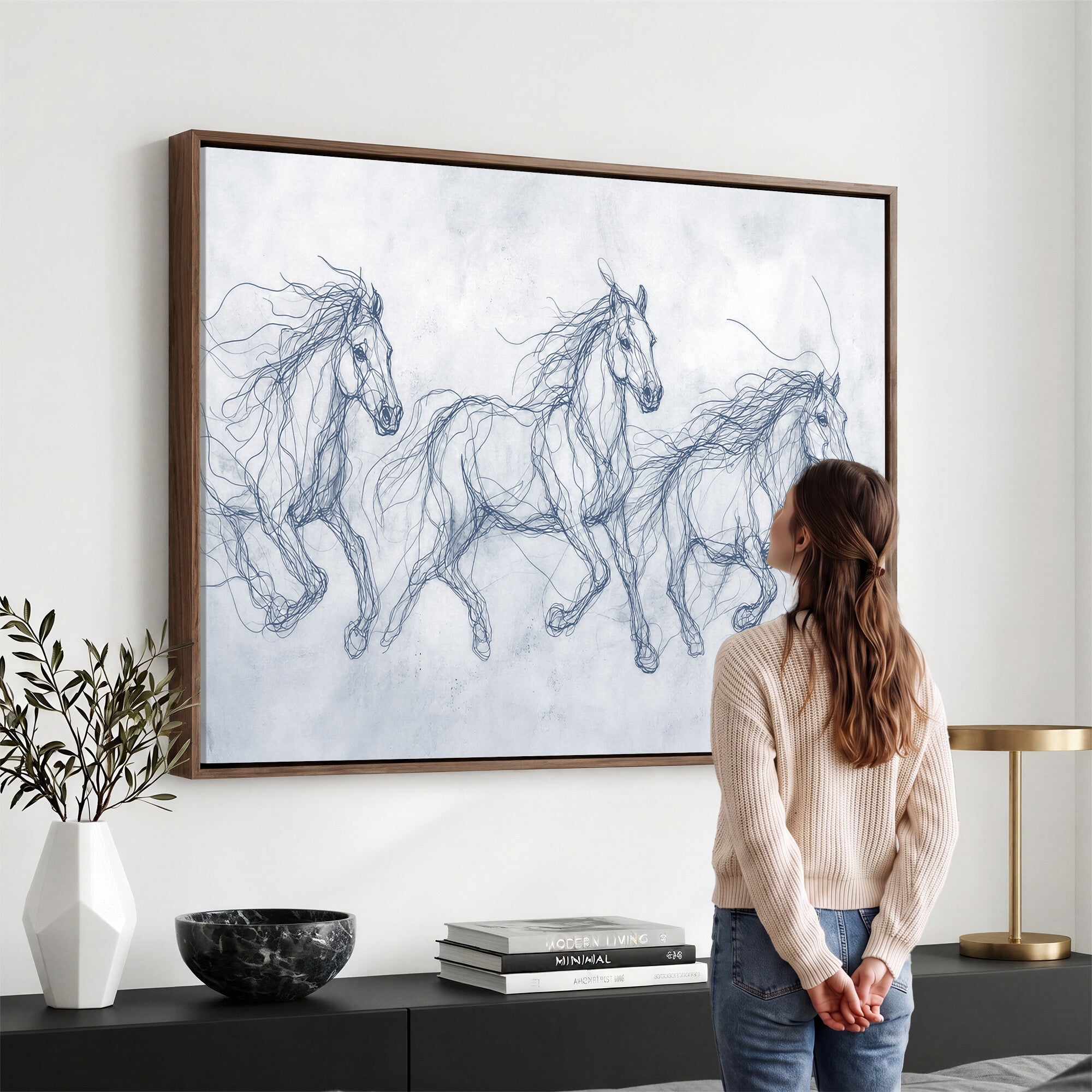 41163601-MGV-CV-36X24 - Indigo Blue Horse Line Art Canvas, Steel Grey Wild Horses Print, Abstract Navy Scribble Artwork, Modern Slate Equine Wall Decor, Coastal Ranch Gift
