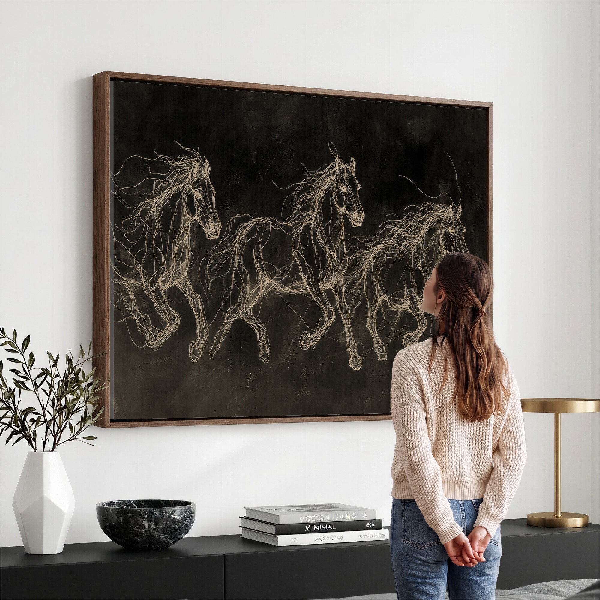 15344242-MGV-CV-36X24 - Dark Horse Line Art Canvas, Gold Scribble Wild Horses Print, Black Chalkboard Wall Art, Modern Luxury Equine Decor, Masculine Office Gift