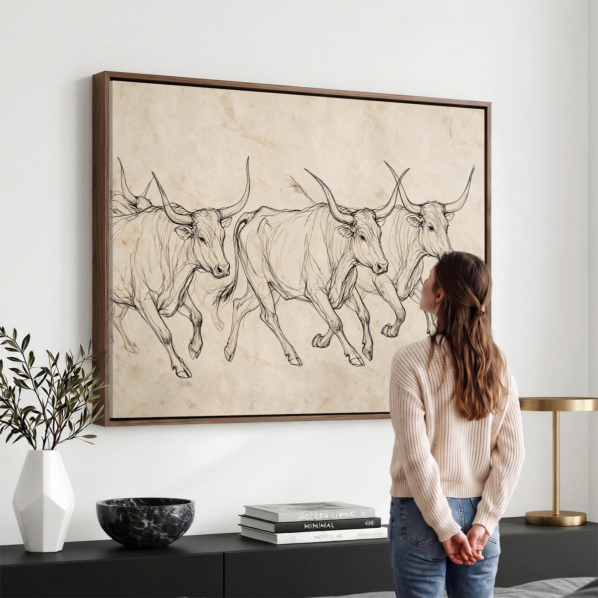 87177621-MGV-CV-36X24 - Minimalist Longhorn Line Art, Modern Texas Bull Canvas Print, Abstract Western Wall Decor