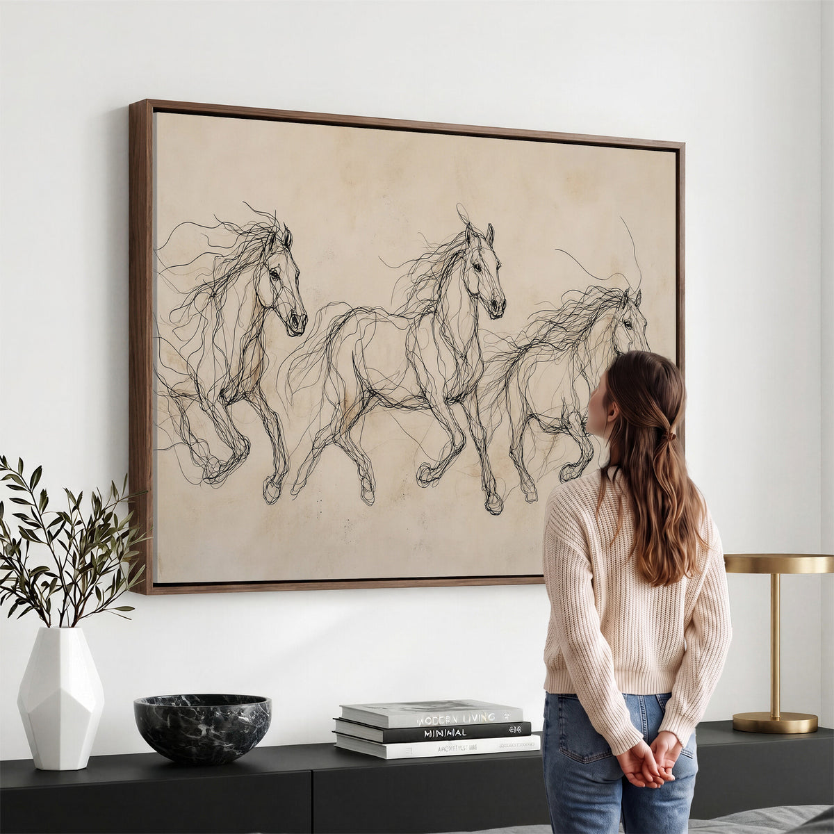 81051673-MGV-CV-36X24 - Abstract Horse Line Art Canvas, Gesture Sketch Wild Horses Print, Modern Scribble Artwork, Minimalist Equine Wall Decor, Rustic Studio Gift