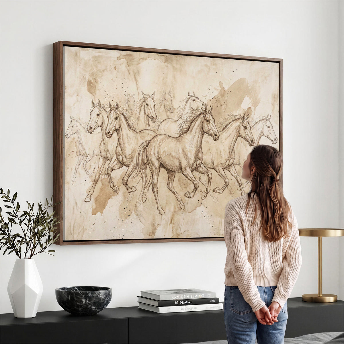 52233469-MGV-CV-36X24 - Vintage Horse Sketch Canvas Wall Art, Wild Horses Pencil Drawing Print, Antique Parchment Western Decor, Equine Sketching, Country Manor Gift