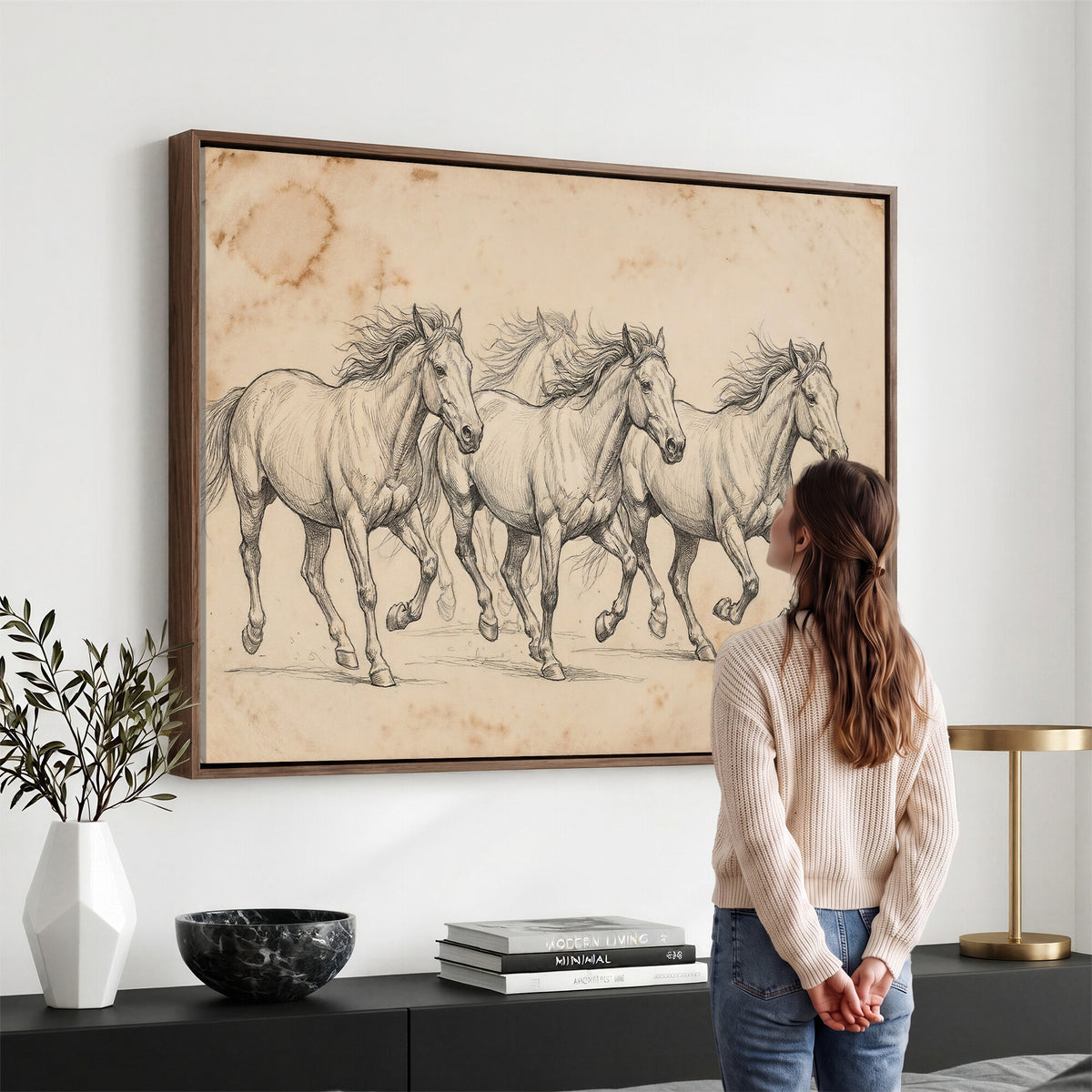 16644391-MGV-CV-36X24 - Vintage Horse Sketch Canvas Wall Art, Wild Horses Pencil Drawing Print, Antique Parchment Western Decor, Equine Sketching, Country Manor Gift