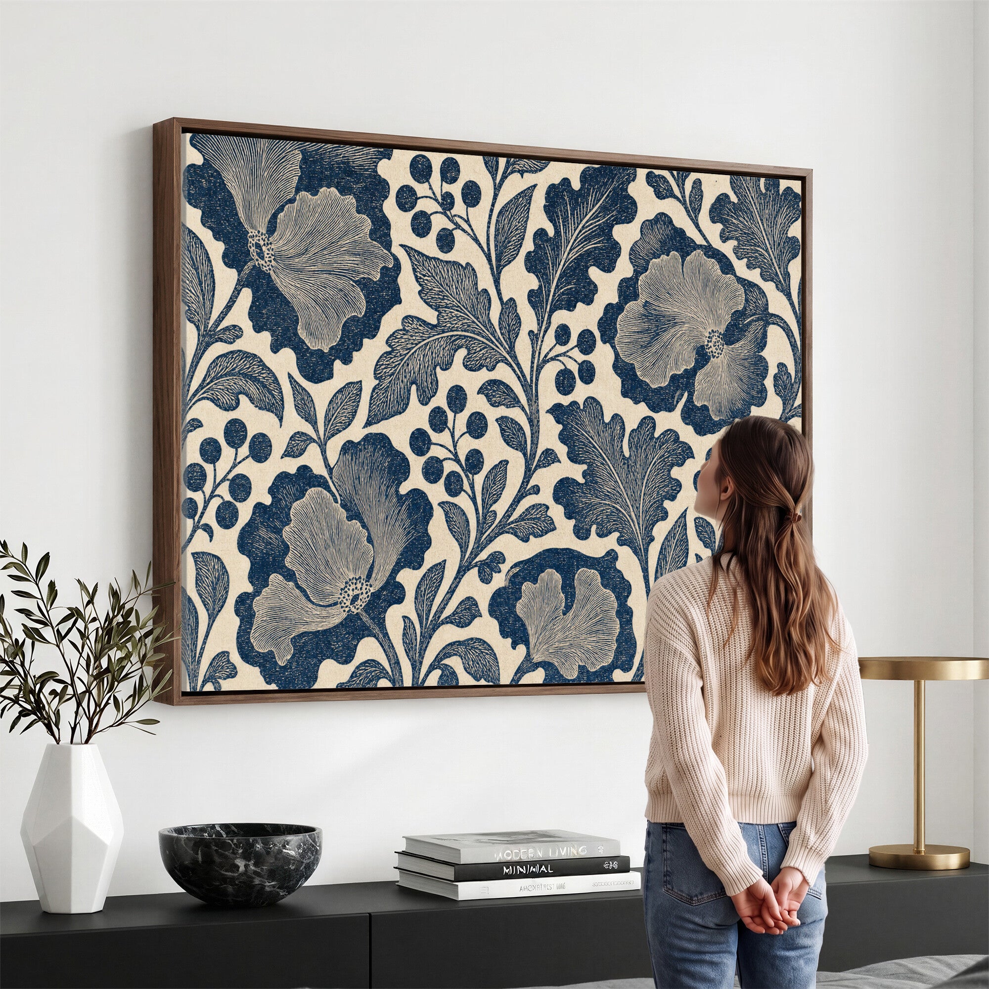 23824002-MGV-CV-36X24 - William Morris Style Navy Blue Floral Wall Art Canvas Print, Vintage Cream Botanical Painting Print