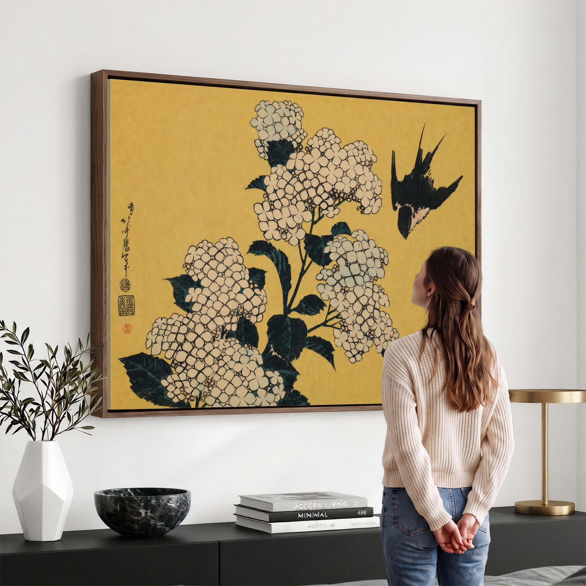 92483501-MGV-CV-36X24 - Katsushika Hokusai Hydrangea and Swallow Wall Art Canvas Print, Japanese Woodblock Painting Print
