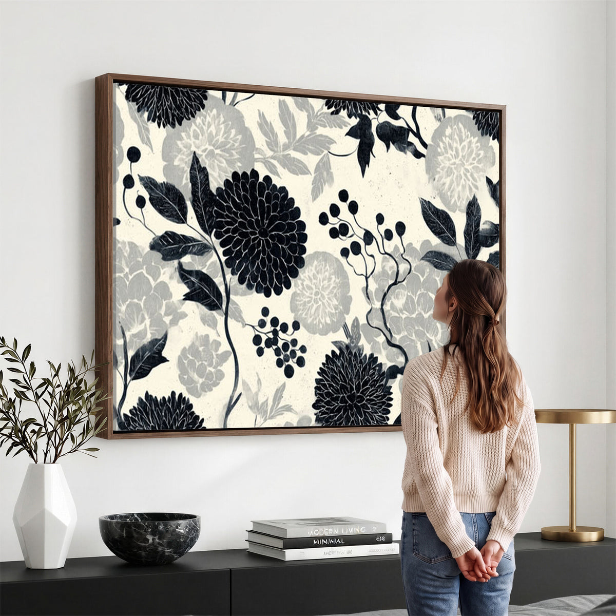 61524791-MGV-CV-36X24 - Vintage Black Chrysanthemum Wall Art Canvas Print, Monochrome Dhalia Floral Painting Print