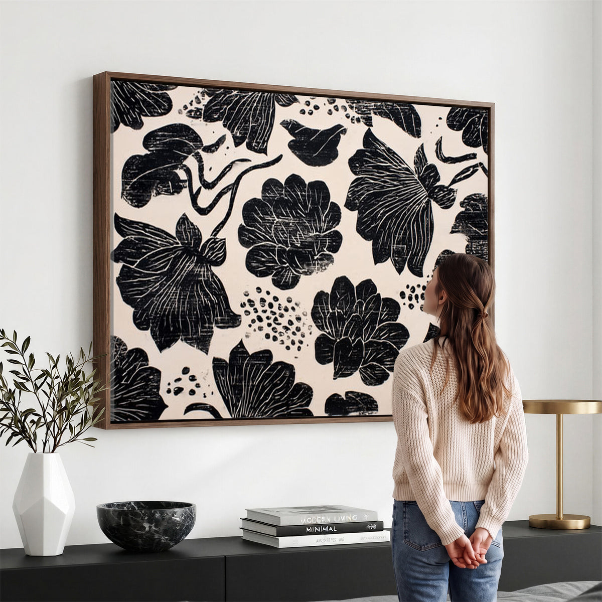 81787117-MGV-CV-36X24 - Linocut Black Lotus Floral Wall Art Canvas Print, Vintage Monochrome Botanical Painting Print