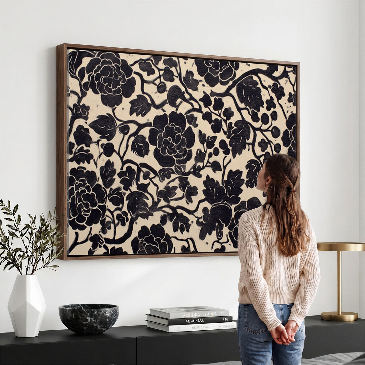 86696255-MGV-CV-36X24 - Vintage Black and Cream Floral Wall Art Canvas Print, Chinoiserie Botanical Painting Print