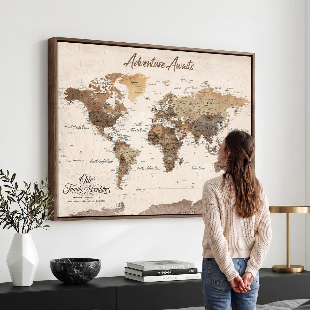 84865191-MGV-CV-36X24 - Our Family Adventures Push Pin World Map Wall Art Canvas Print - Family Travel Tracker Map with Pins