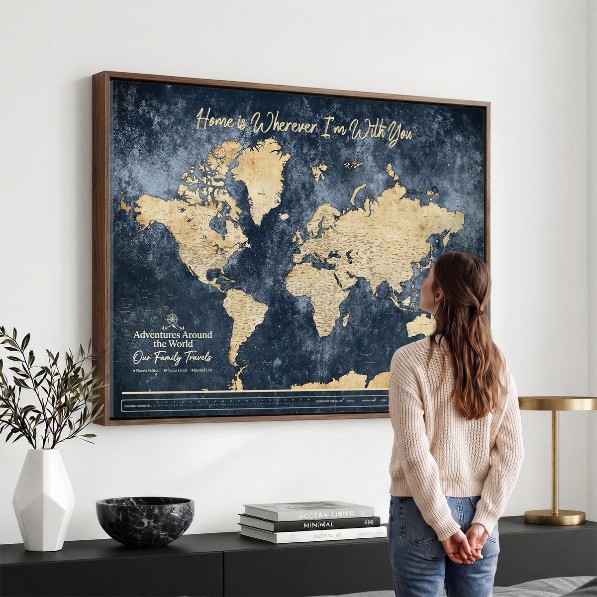 98668848-MGV-CV-36X24 - Our Family Adventures Push Pin World Map Wall Art Canvas Print - Family Travel Tracker Map with Pins