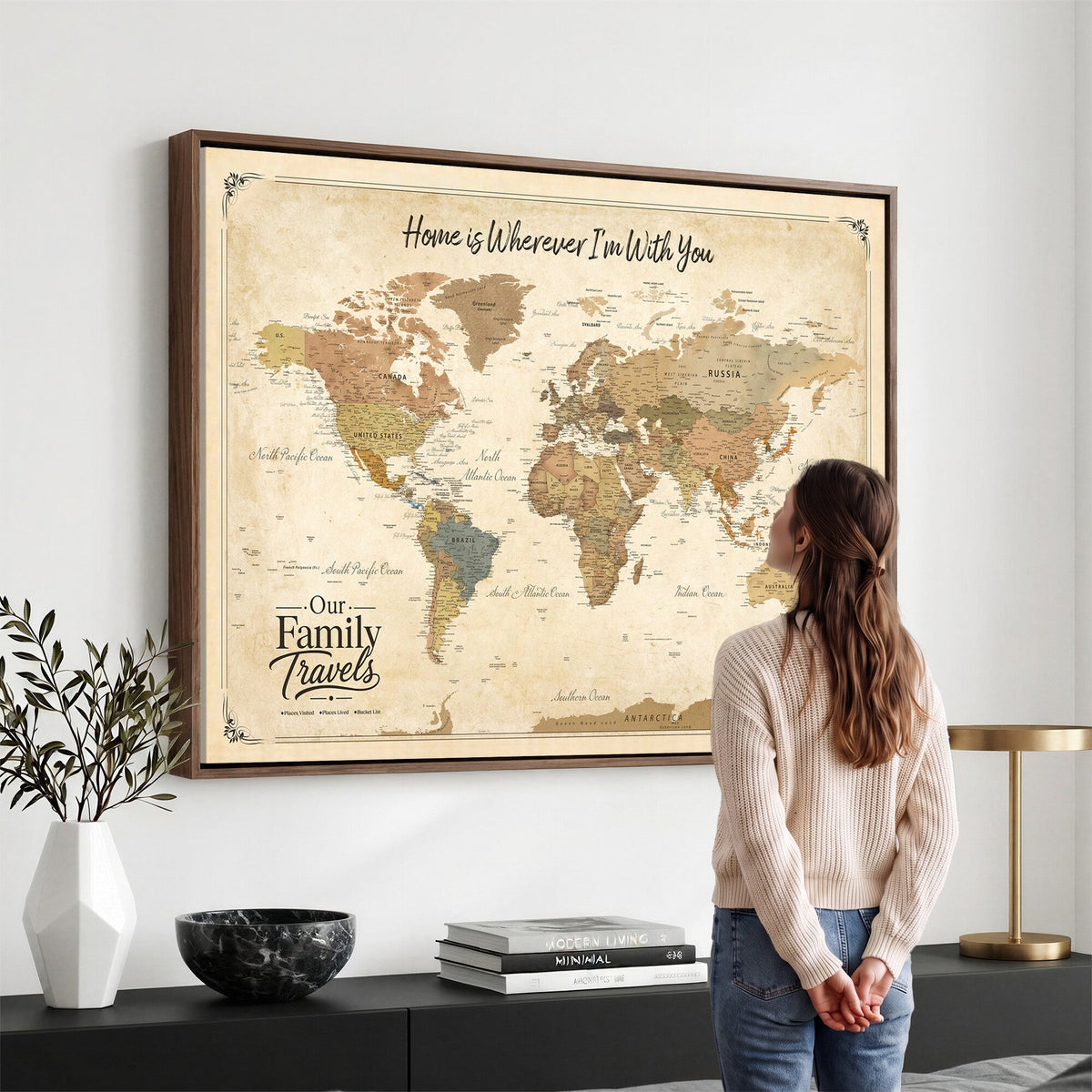94272126-MGV-CV-36X24 - Our Family Adventures Push Pin World Map Wall Art Canvas Print - Family Travel Tracker Map with Pins