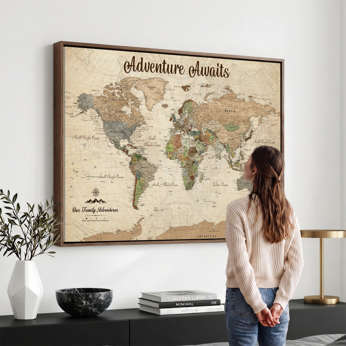 12264959-MGV-CV-36X24 - Our Family Adventures Push Pin World Map Wall Art Canvas Print - Family Travel Tracker Map with Pins