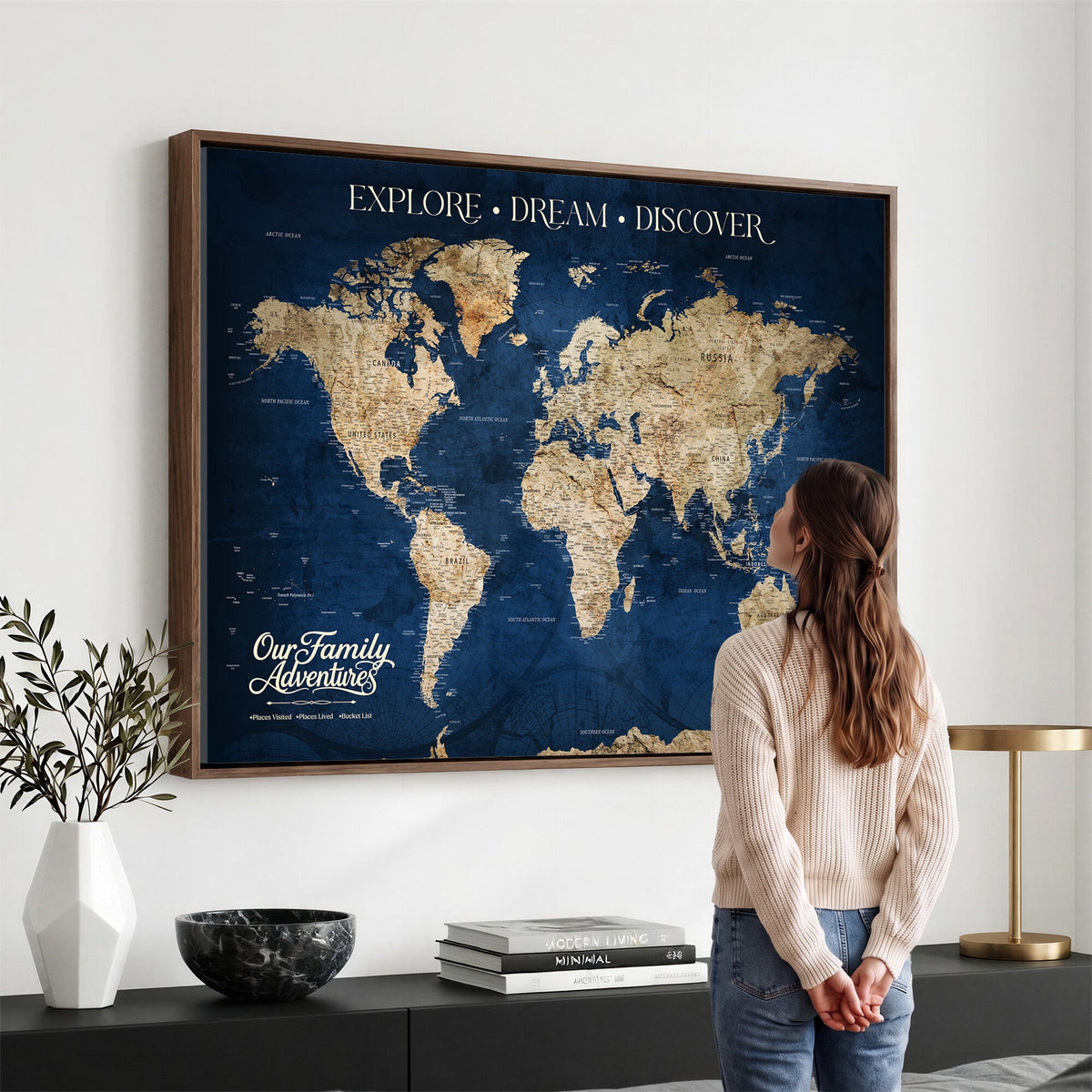96125512-MGV-CV-36X24 - Our Family Adventures Push Pin World Map Wall Art Canvas Print - Family Travel Tracker Map with Pins