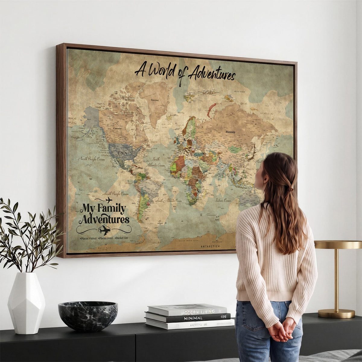 57377793-MGV-CV-36X24 - Our Family Adventures Push Pin World Map Wall Art Canvas Print - Family Travel Tracker Map with Pins