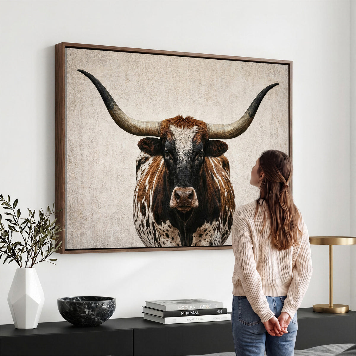 58622065-MGV-CV-36X24 - Texas Longhorn Canvas Wall Art Western Bull Desert Moody Grey Overcast Rustic Farmhouse Framed Large for Living Room Bedroom Office Decor