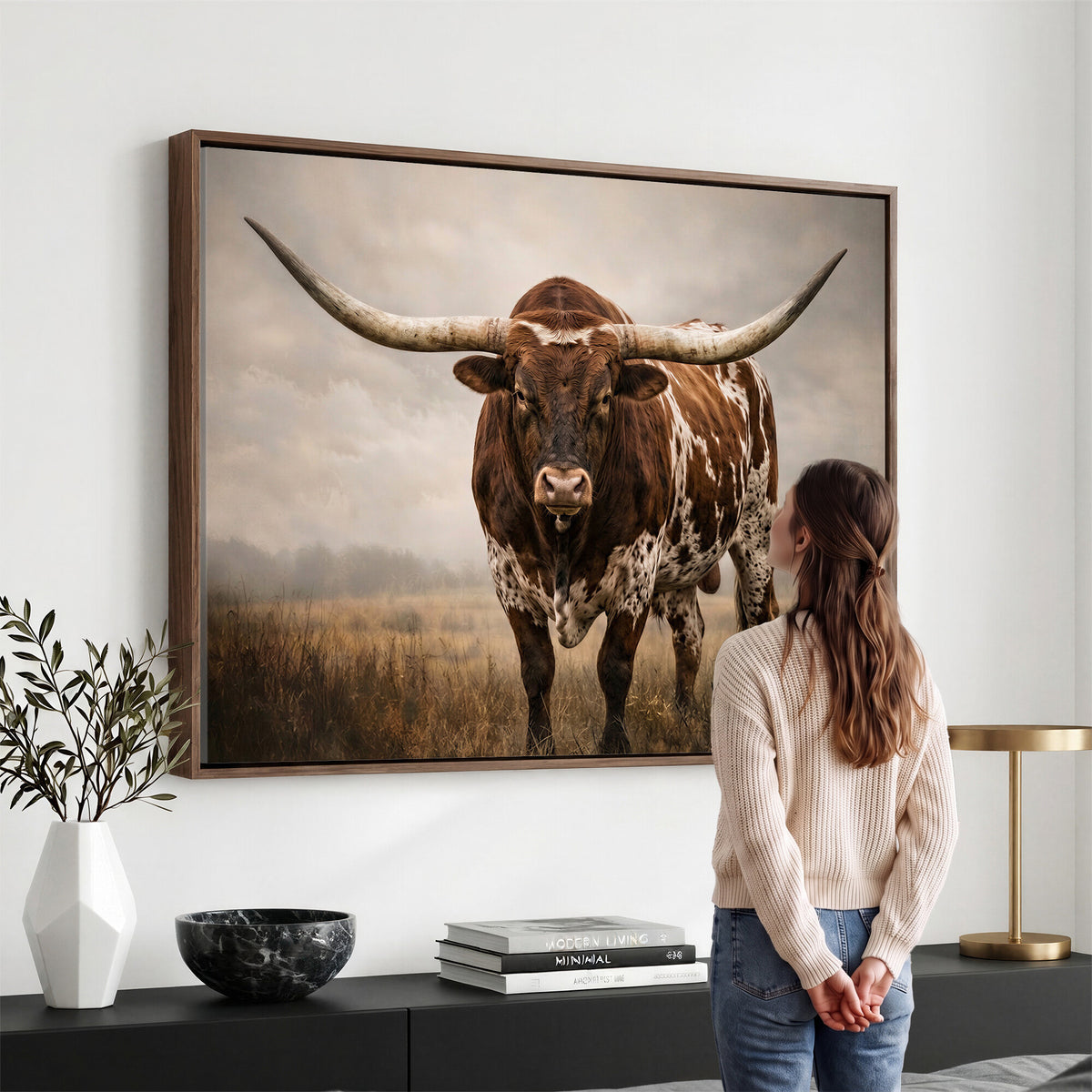 25239047A-MGV-CV-36X24 - Texas Longhorn Canvas Wall Art Western Bull Desert Moody Grey Overcast Rustic Farmhouse Framed Large for Living Room Bedroom Office Decor