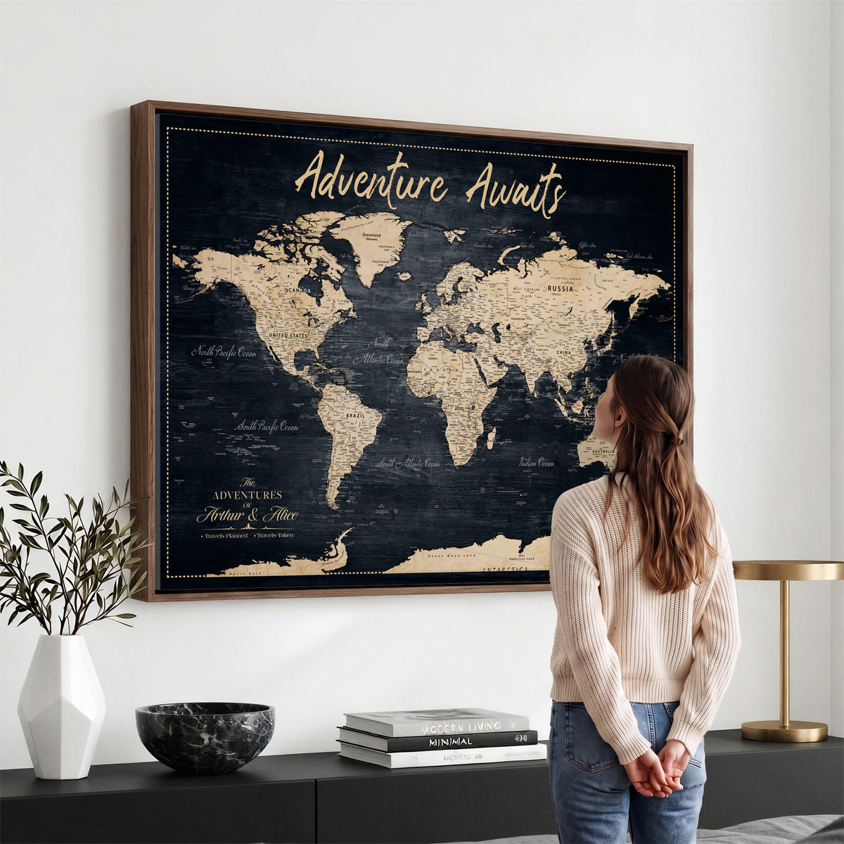 688173822-MGV-CV-36X24 - Extra Large Vintage Personalized Push Pin World Map Wall Art Canvas Print