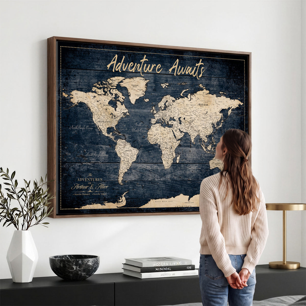 68817382-MGV-CV-36X24 - Extra Large Vintage Personalized Push Pin World Map Wall Art Canvas Print